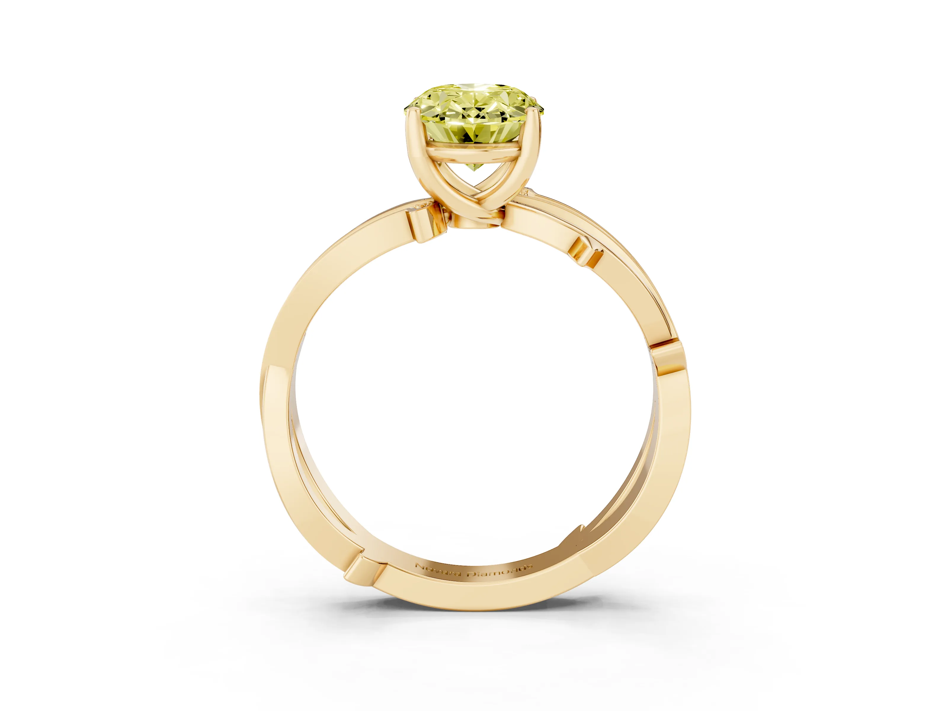 Fancy Yellow Oval Cut Diamond Pavé Twist Band Solitaire Ring Set in Yellow gold with Prong Setting