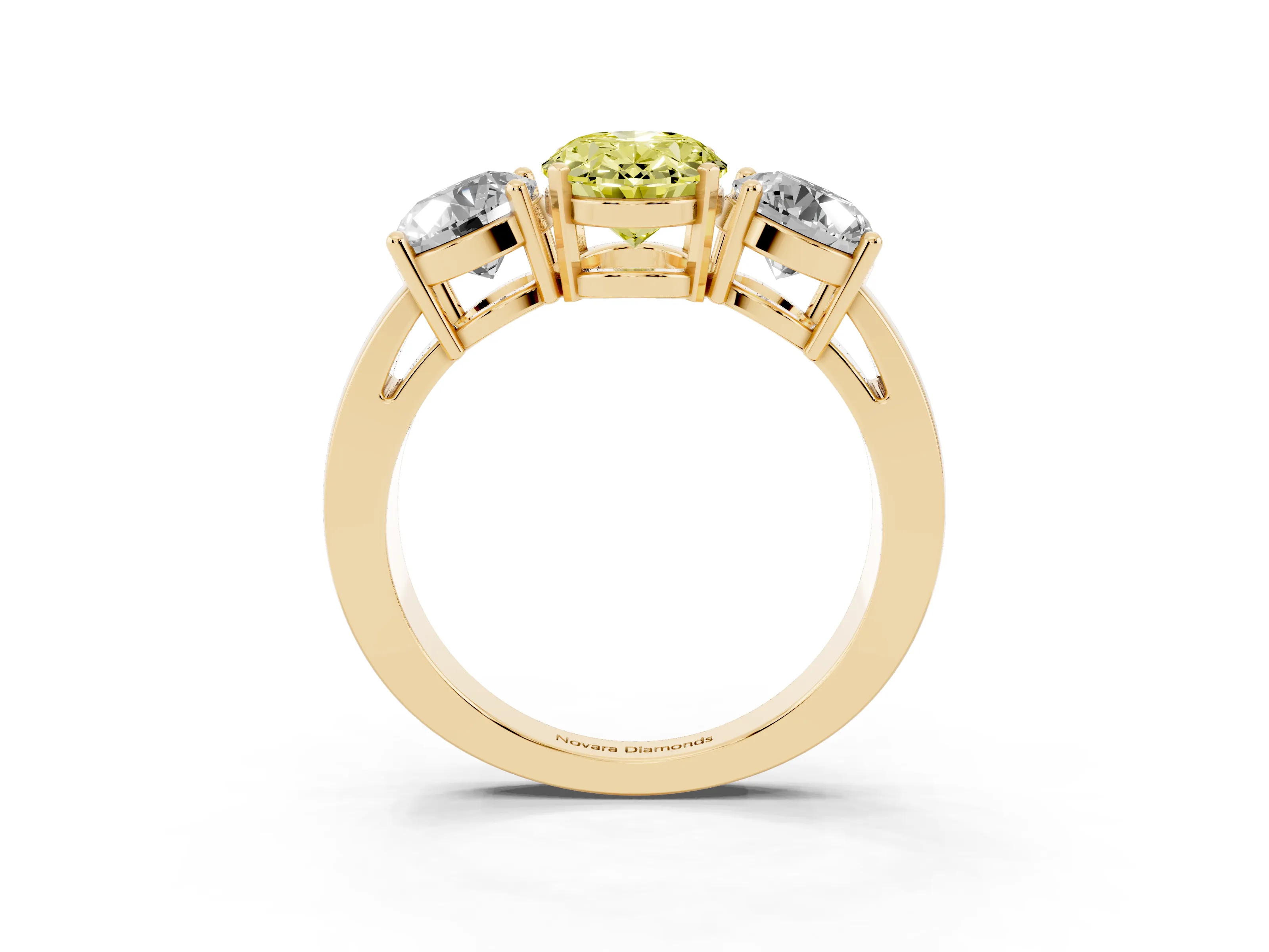 Fancy Yellow Oval Cut Diamond Three-Stone Ring Set in Yellow gold with Round Side Stones and Classic Band