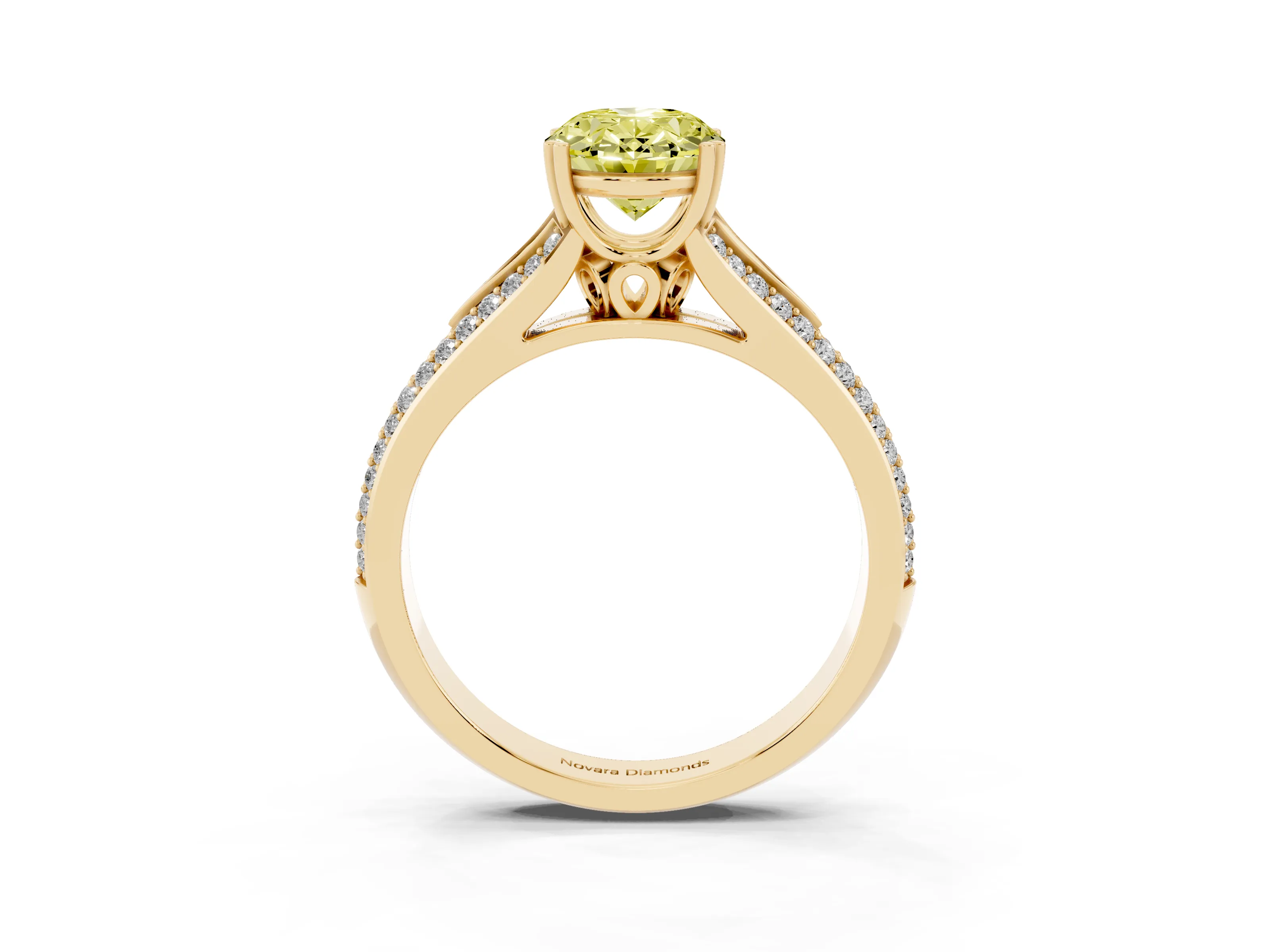 Fancy Yellow Oval Cut Diamond Split Shank Pavé Engagement Ring Set in Yellow gold with Prong-Set Center Stone