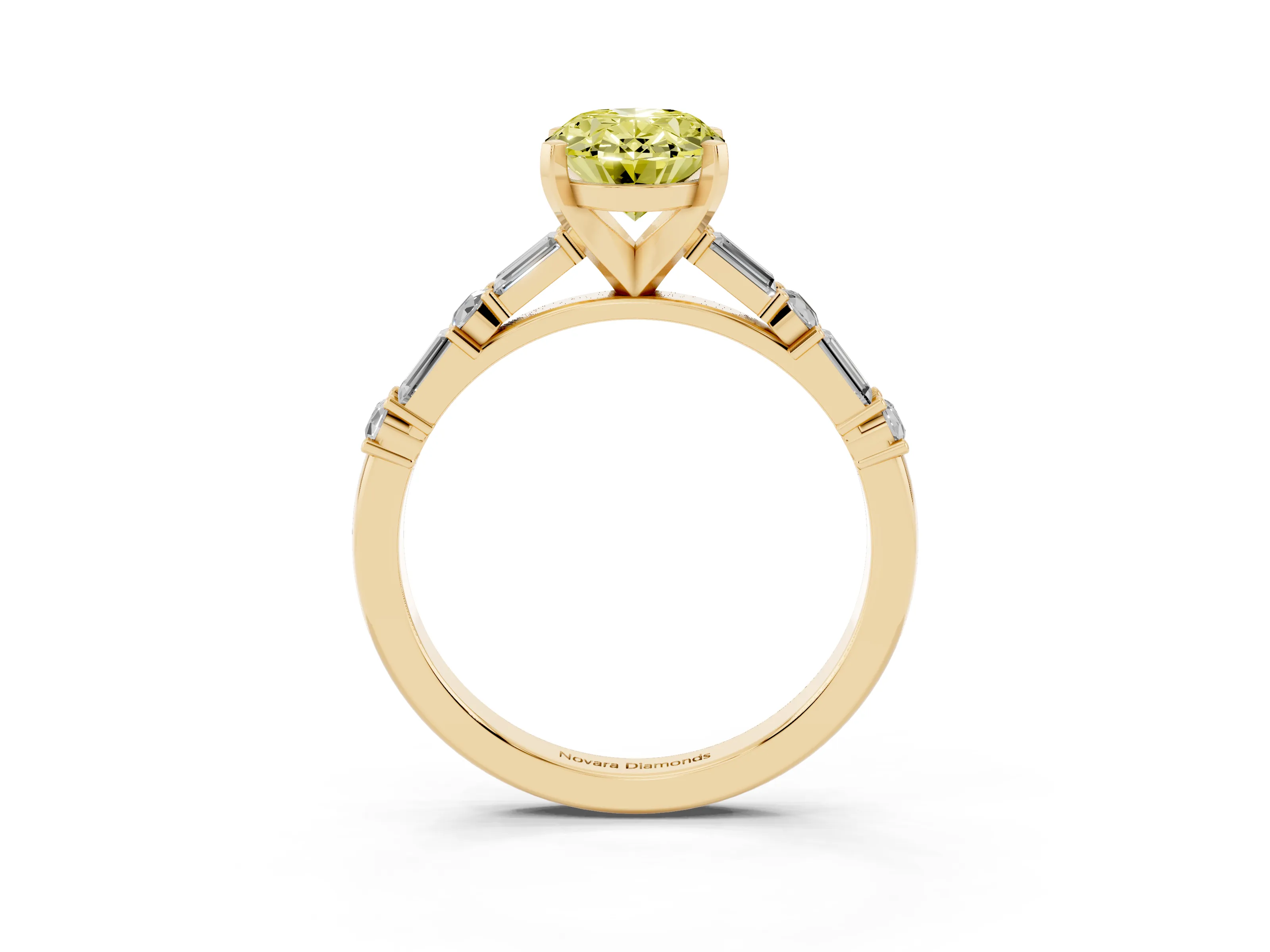 Fancy Yellow Oval Cut Diamond Solitaire Set in Yellow gold with Side Baguettes and Channel Set Band