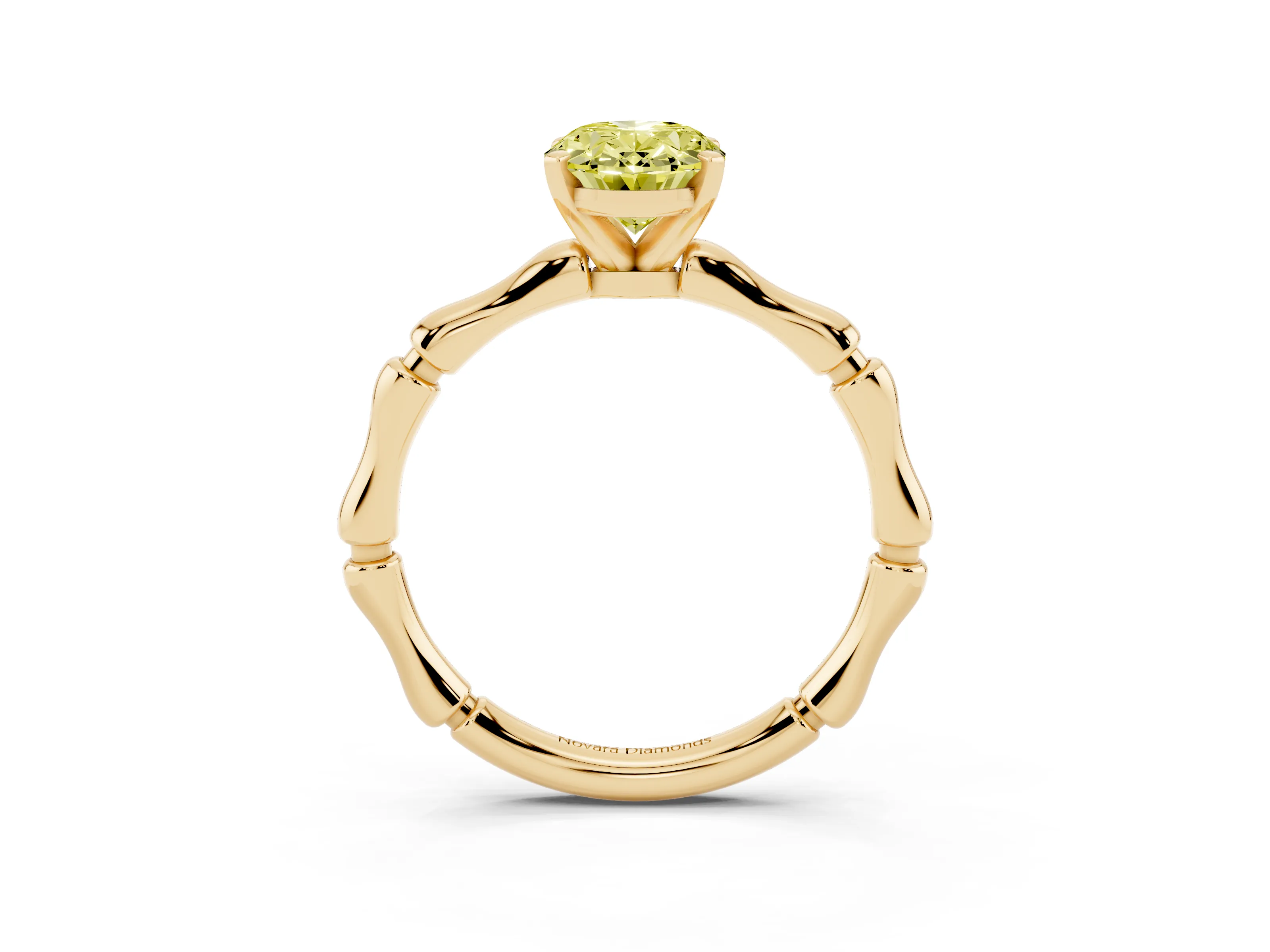 Fancy Yellow Oval Cut Diamond Solitaire Ring Set in Yellow gold with Bamboo Band and Prong Setting