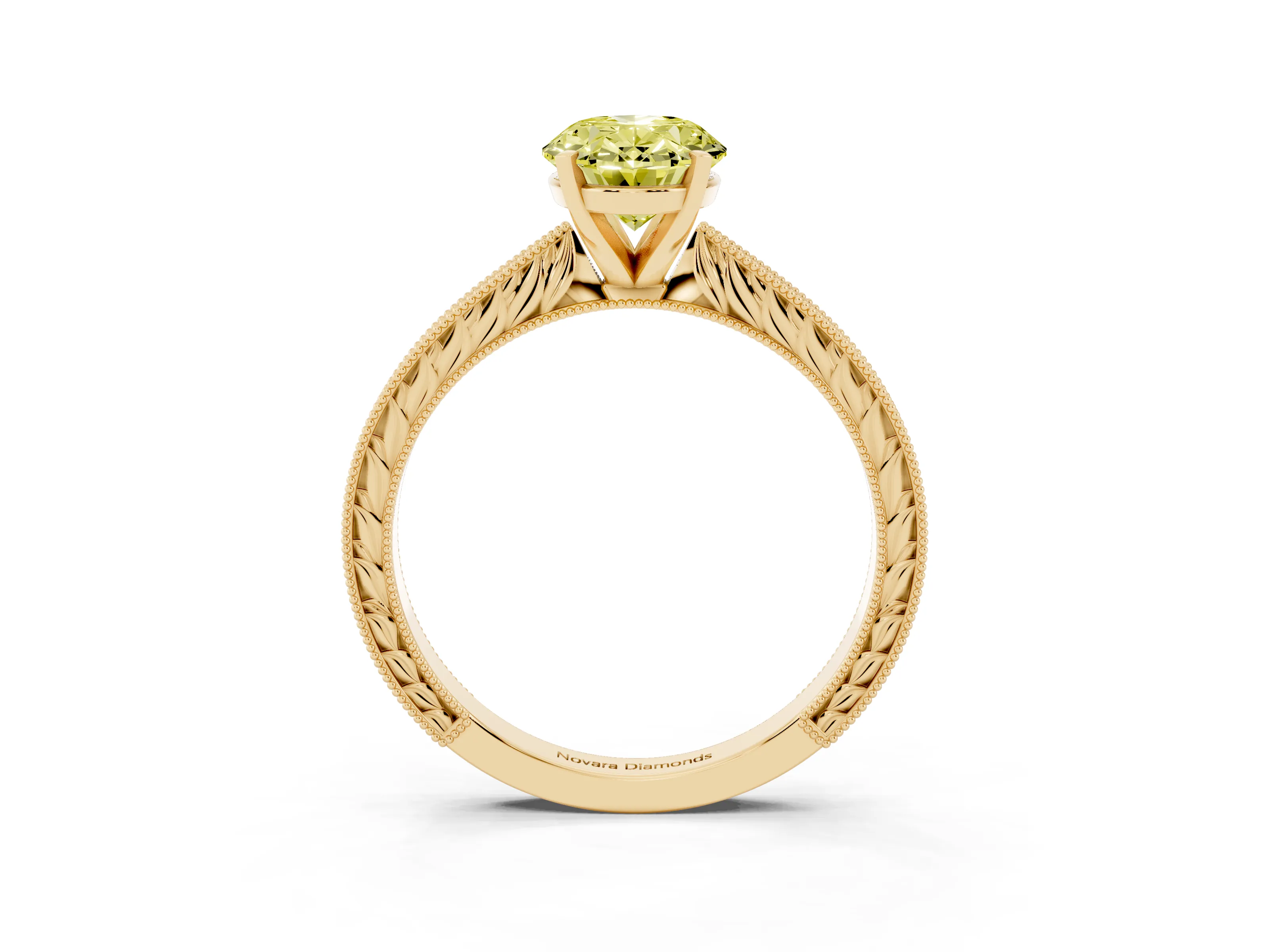 Fancy Yellow Oval Cut Diamond Solitaire Milgrain Engraved Band Set in Yellow gold with Prong Setting
