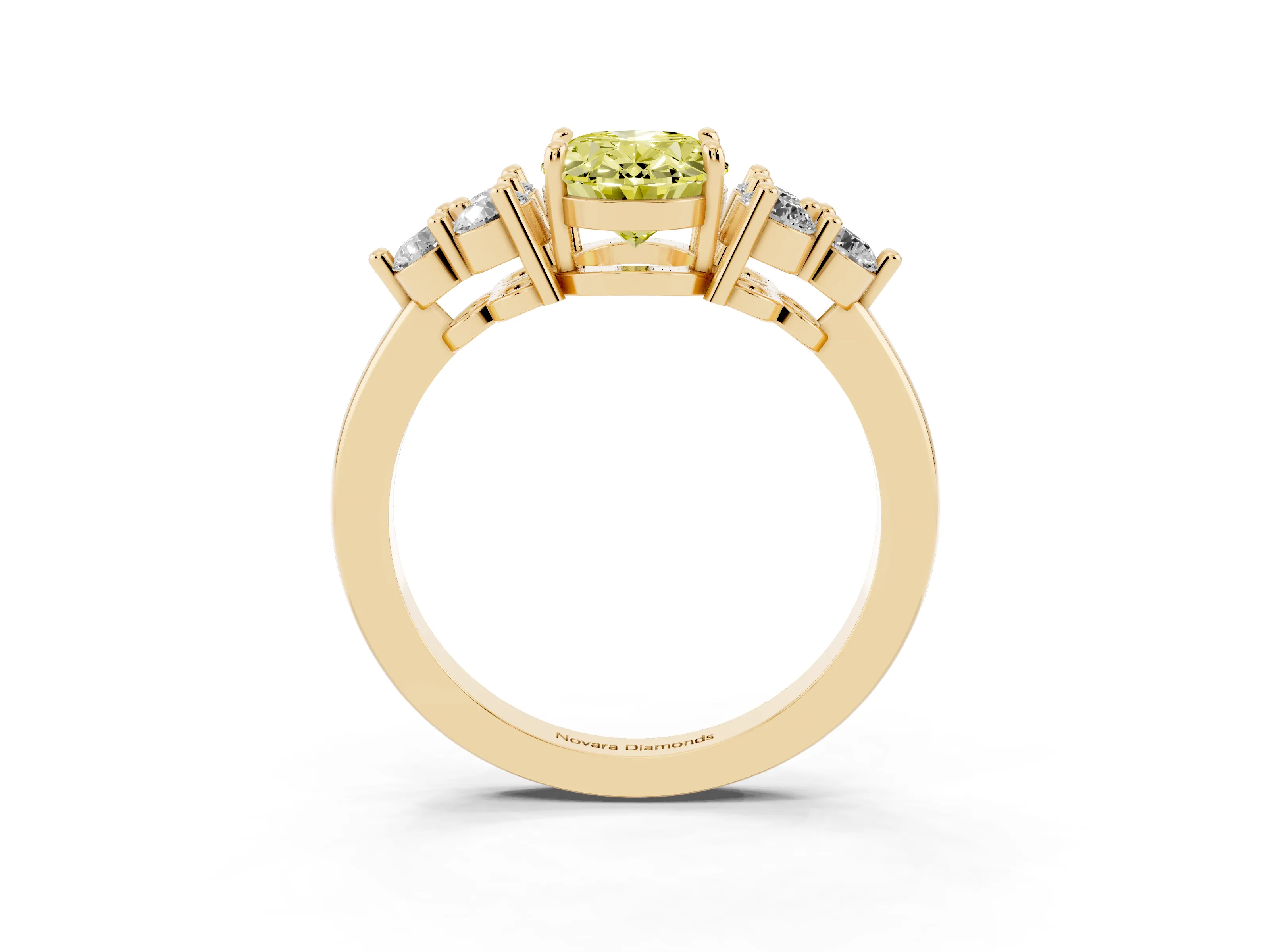 Fancy Yellow Oval Cut Diamond Solitaire Ring Set in Yellow gold with Cluster Accents on Each Side