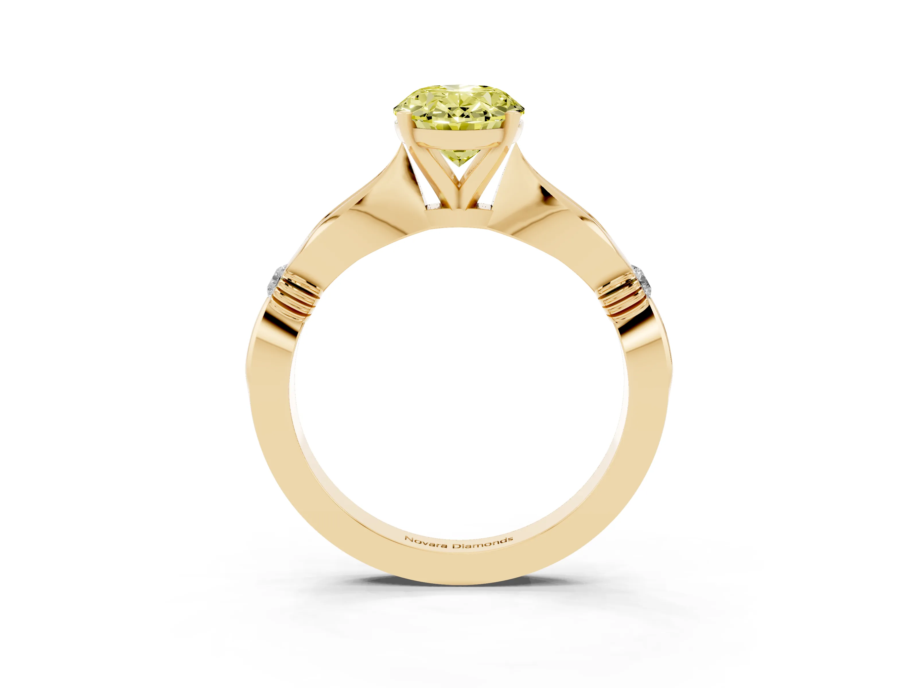 Fancy Yellow Oval Cut Diamond Solitaire Twisted Band Ring Set in Yellow gold with Accent Stones and Prong Setting