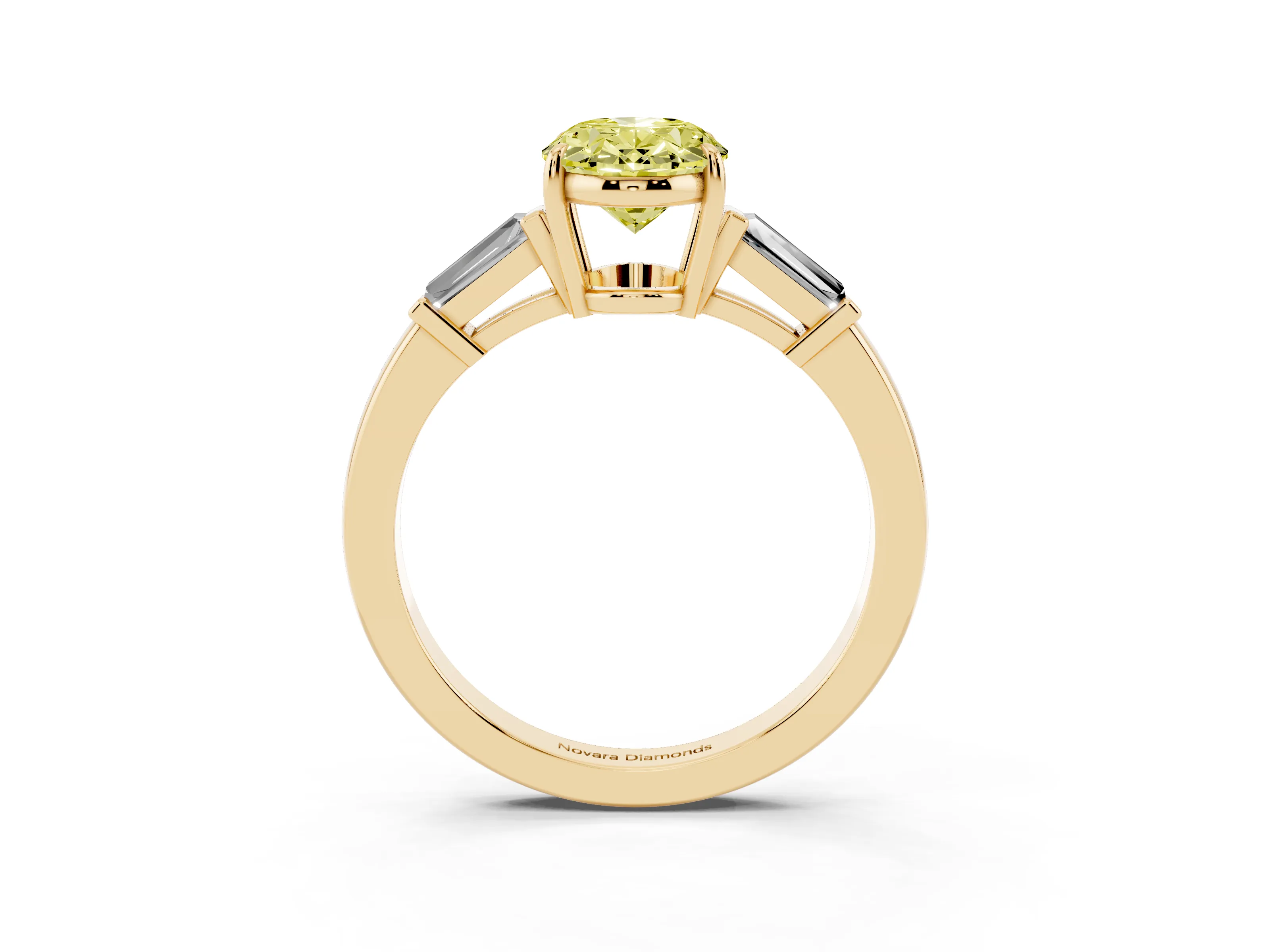 Fancy Yellow Oval Cut Diamond Three-Stone Ring Set in Yellow gold with Tapered Baguette Side Stones and Prong Setting