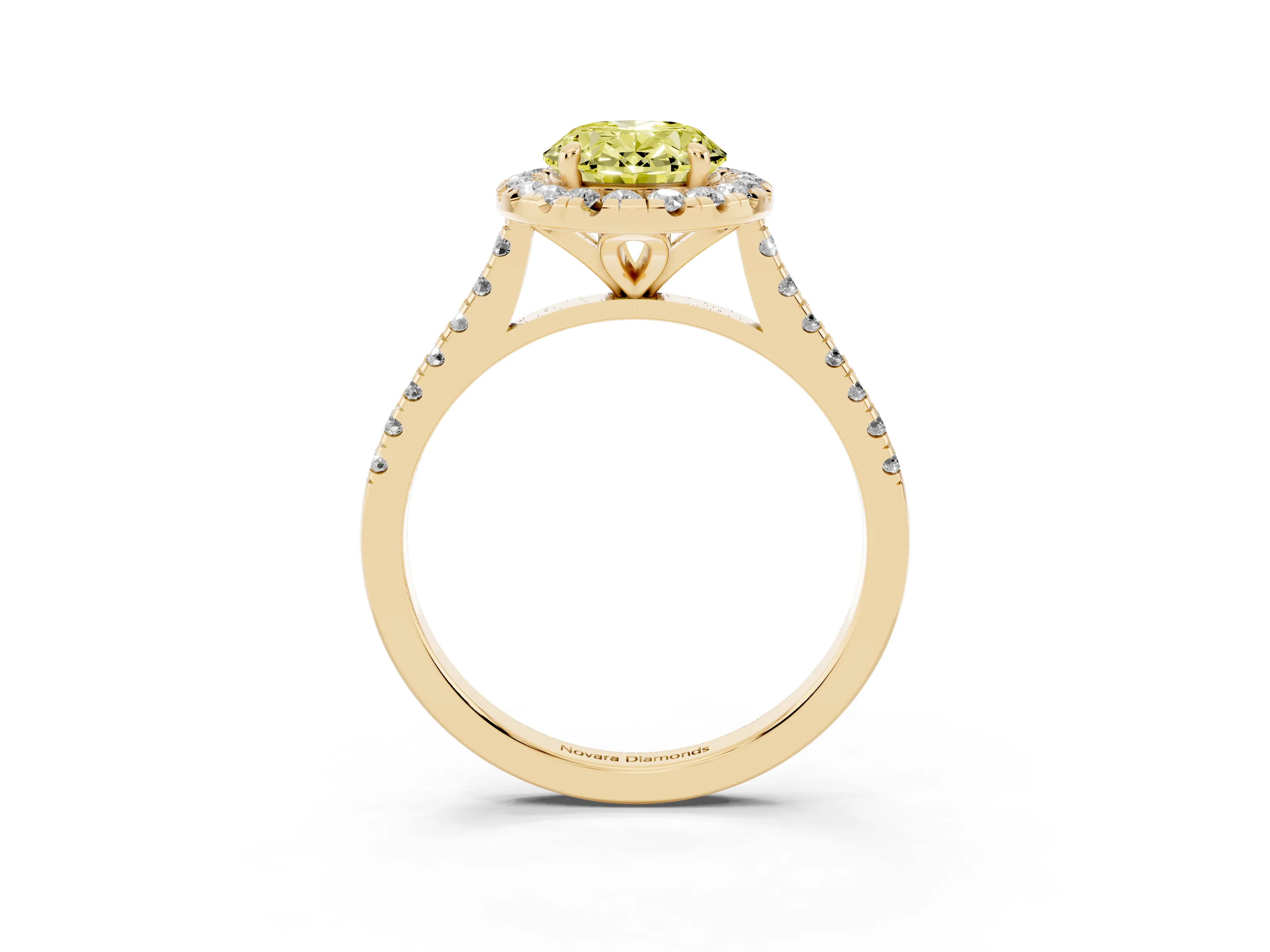 Fancy Yellow Oval Cut Diamond Cushion Halo Ring Set in Yellow gold with Pavé Band