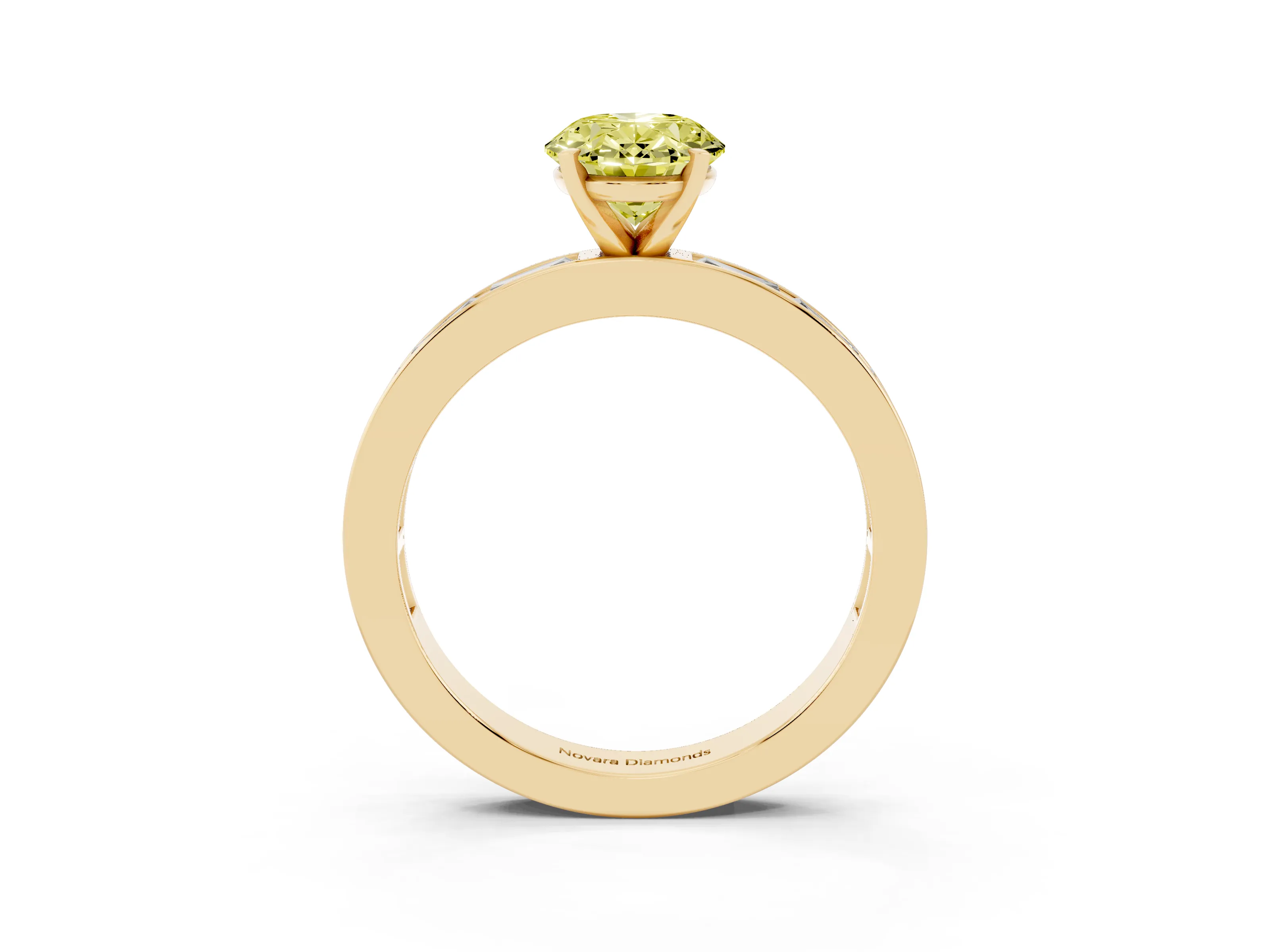 Fancy Yellow Oval Cut Diamond Solitaire Ring Set in Yellow gold with Channel-Set Baguette Band and Prong Setting