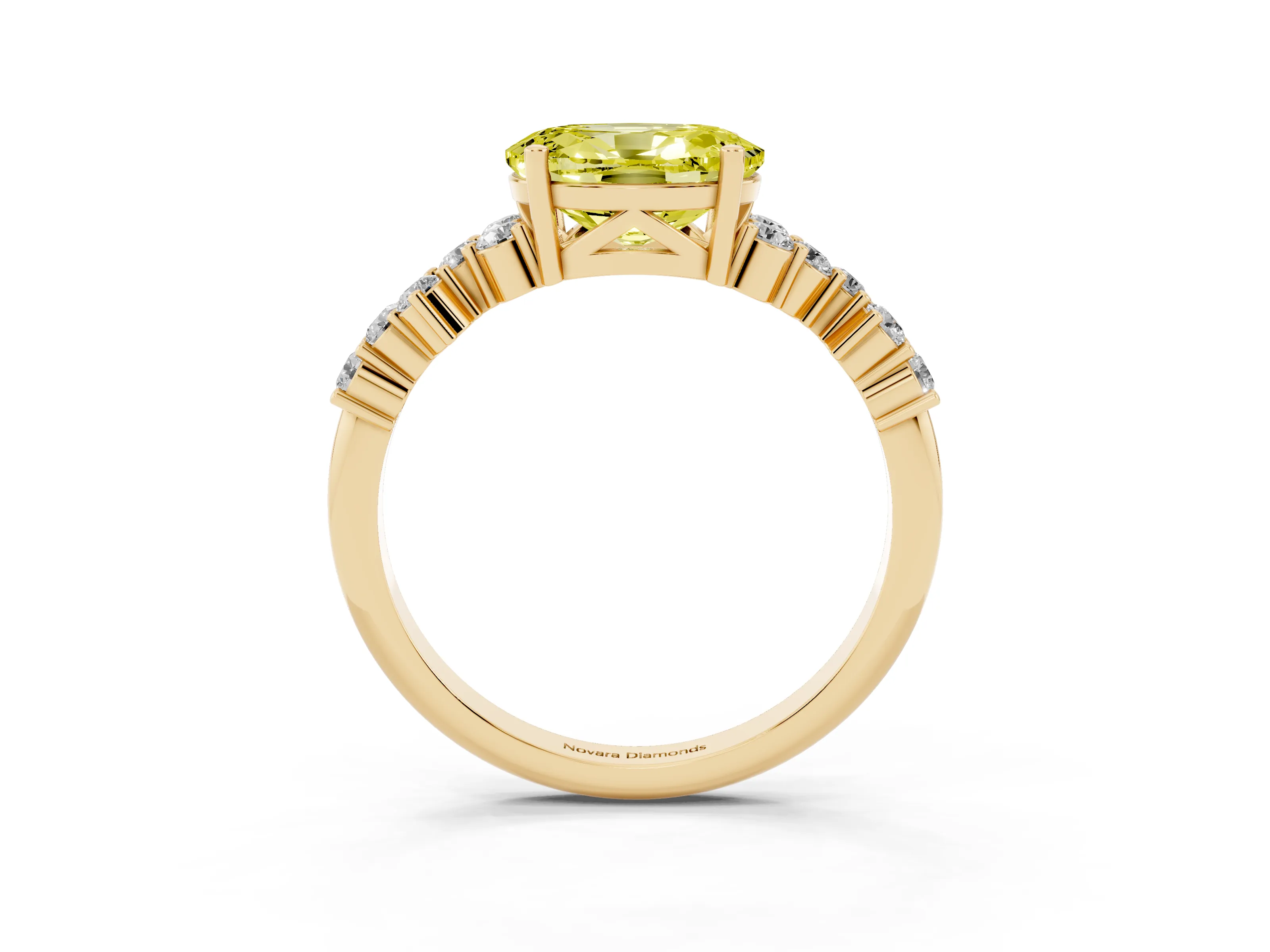 Fancy Yellow Oval Cut Diamond Ring Set in Yellow gold with Scattered Round Accents
