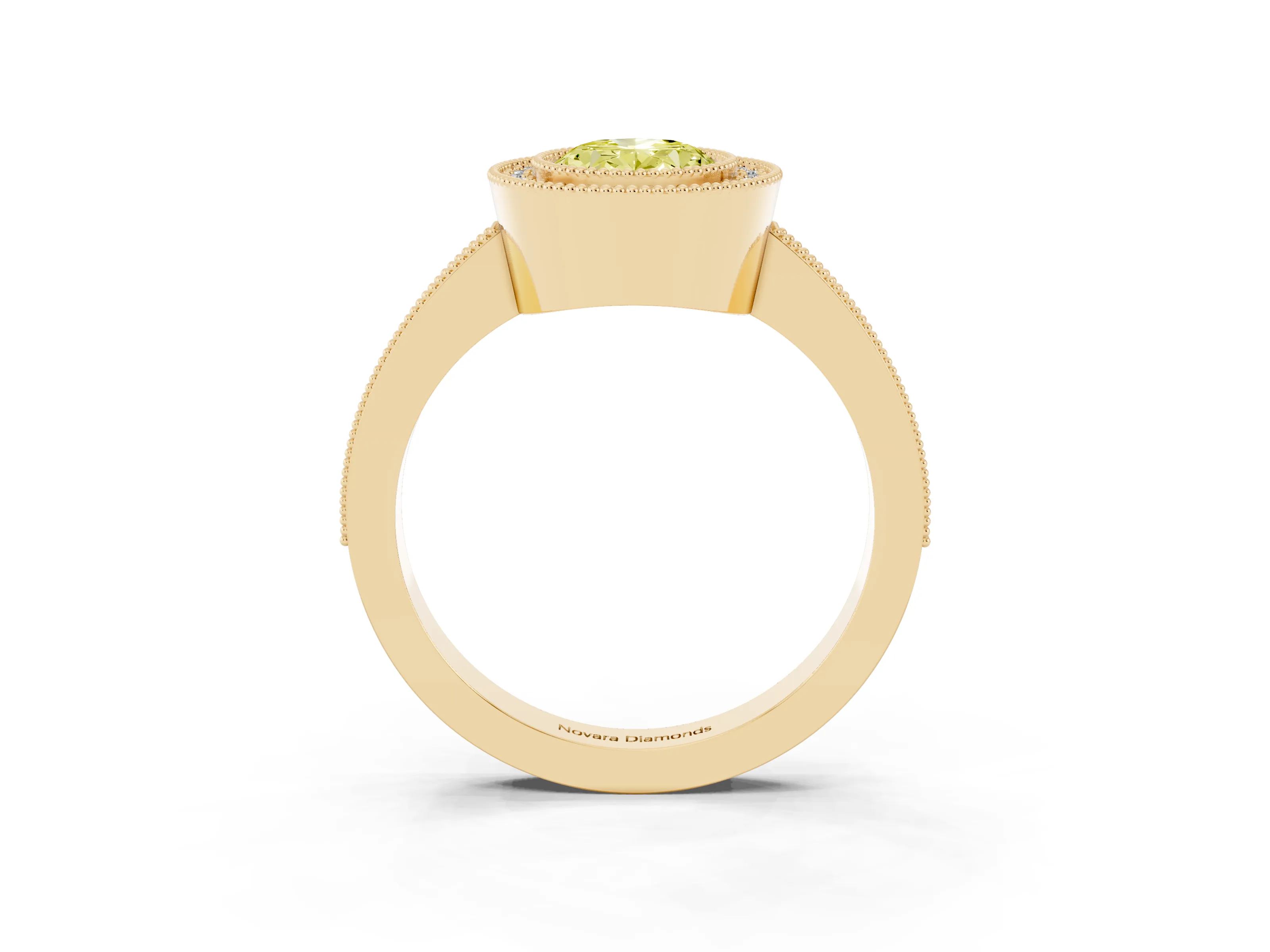 Fancy Yellow Oval Cut Diamond Halo Engagement Ring Set in Yellow gold with Pavé Band and Round Halo Stones