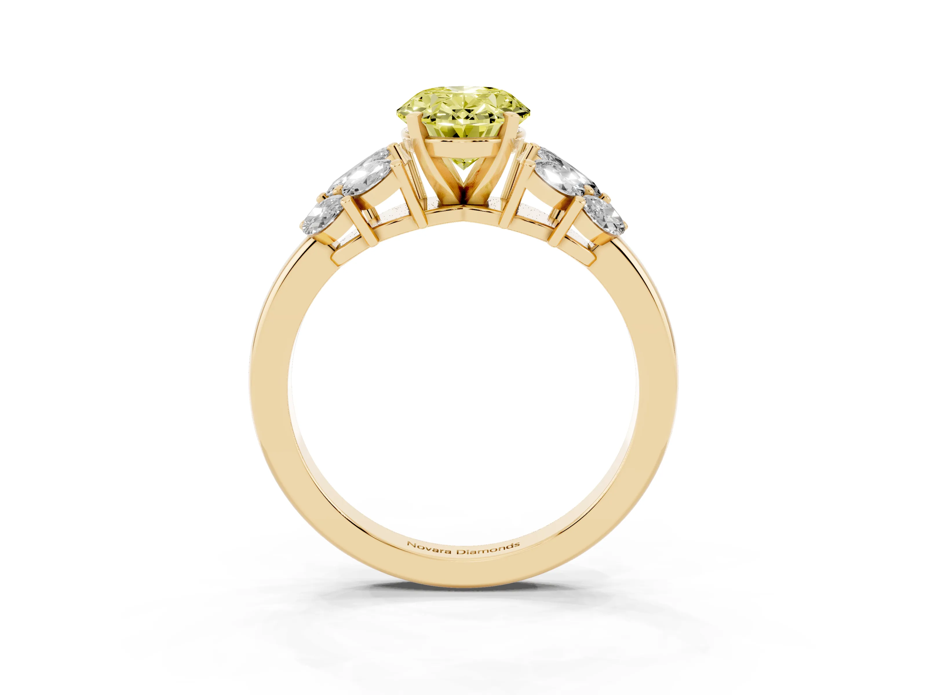 Fancy Yellow Oval Cut Diamond Cluster Leaf Design Ring Set in Yellow gold with Prong Setting