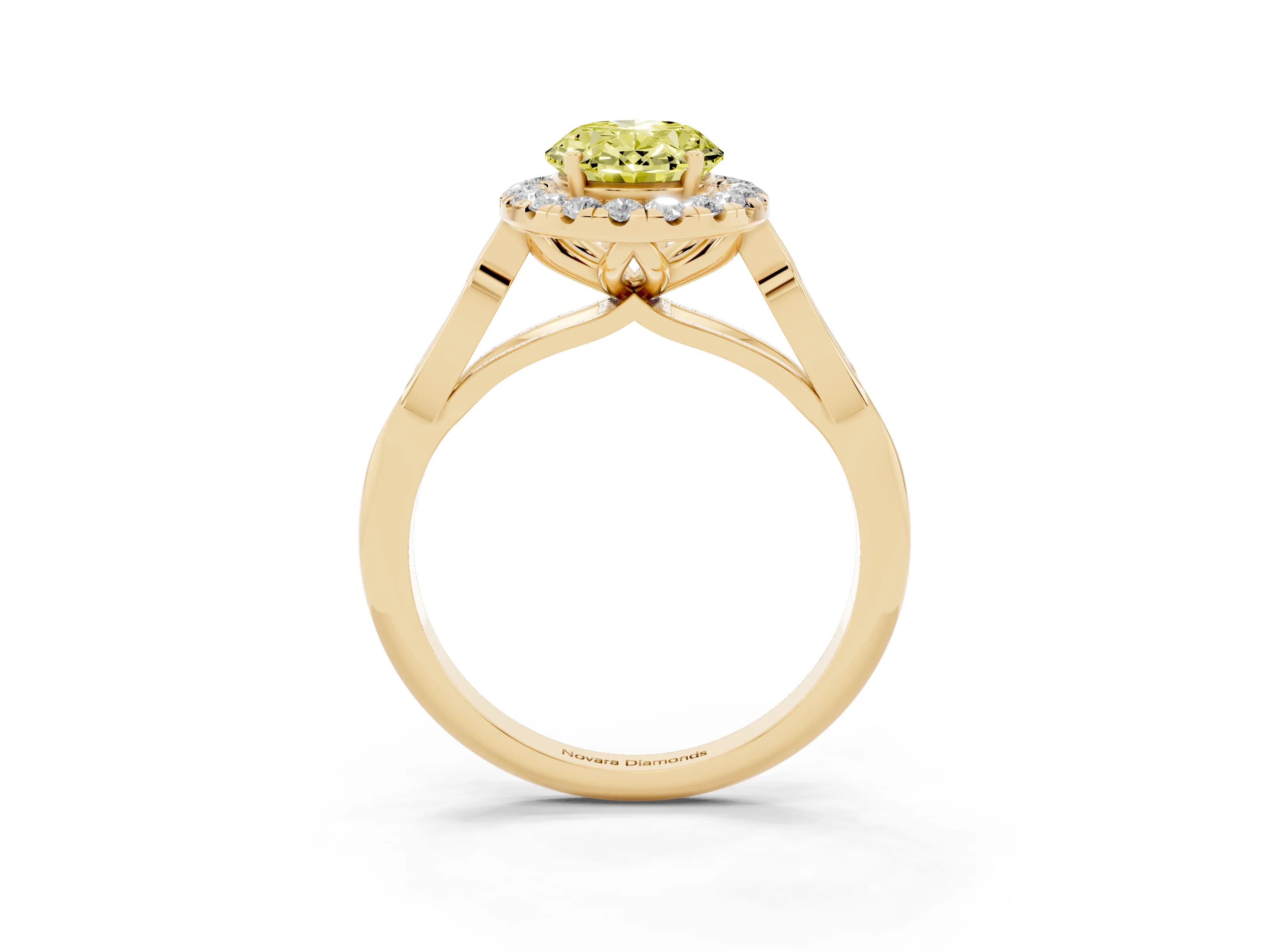 Fancy Yellow Oval Cut Diamond Halo Engagement Ring Set in Yellow gold with Filigree Band and Prong-Set Center