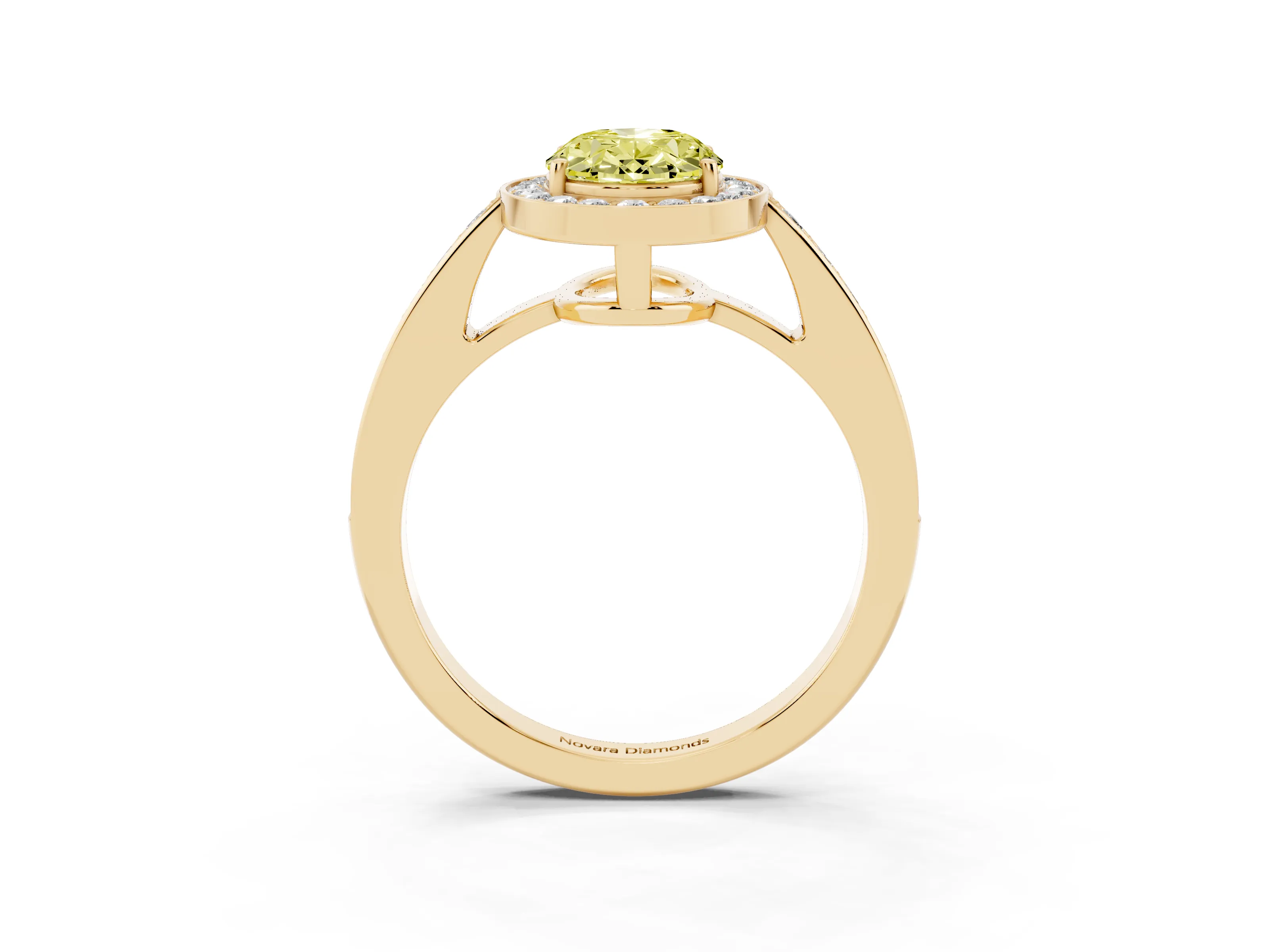 Fancy Yellow Oval Cut Diamond Halo Pavé Engagement Ring Set in Yellow gold with Bezel Setting