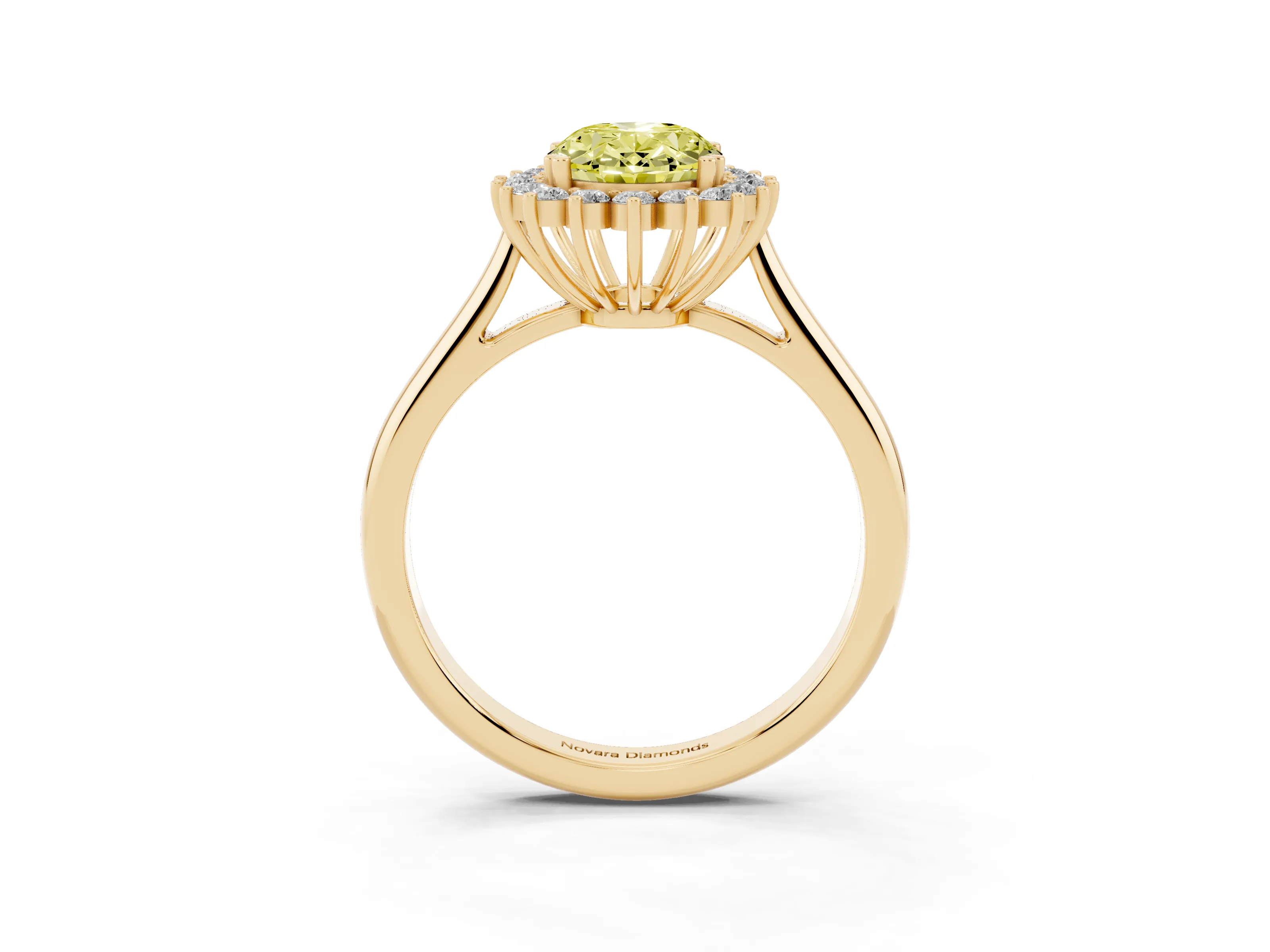 Fancy Yellow Oval Cut Diamond Halo Ring Set in Yellow gold with Plain Solitaire Band and Prong Setting