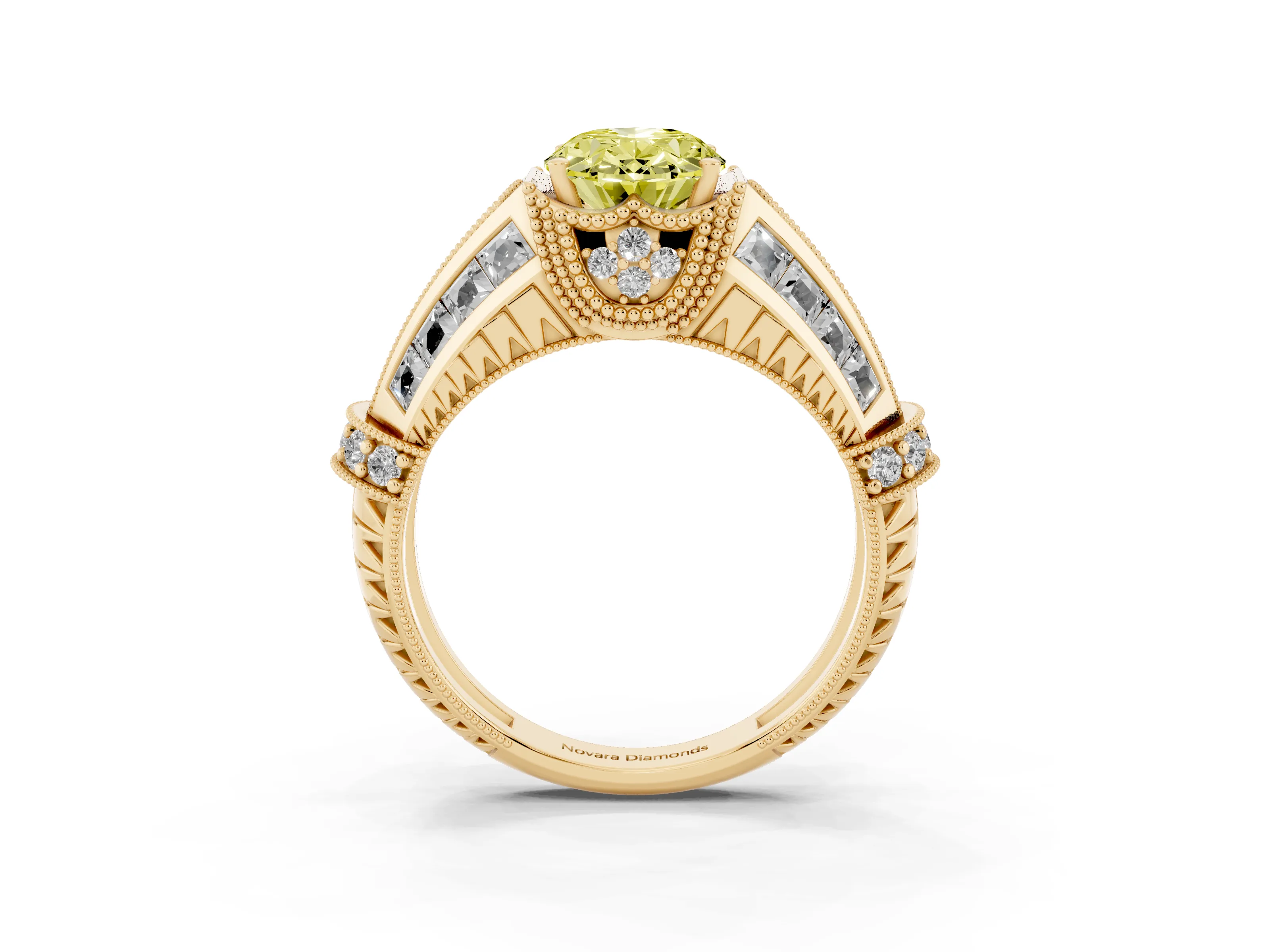 Fancy Yellow Oval Cut Diamond Vintage-Inspired Milgrain Ring Set in Yellow gold with Accent Split Shank
