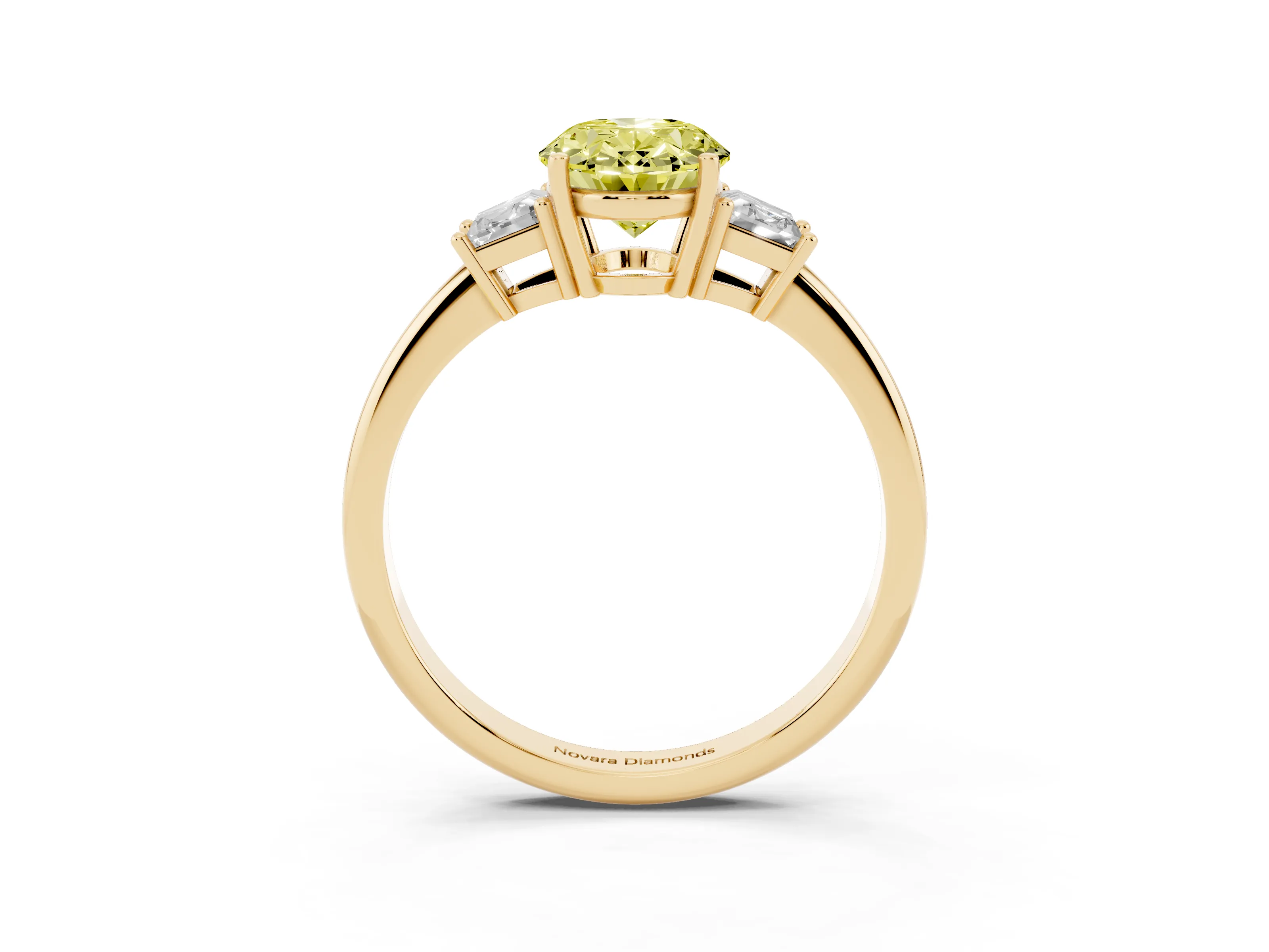Fancy Yellow Oval Cut Diamond Three-Stone Ring Set in Yellow gold with Trapezoid Side Stones and Prong Setting