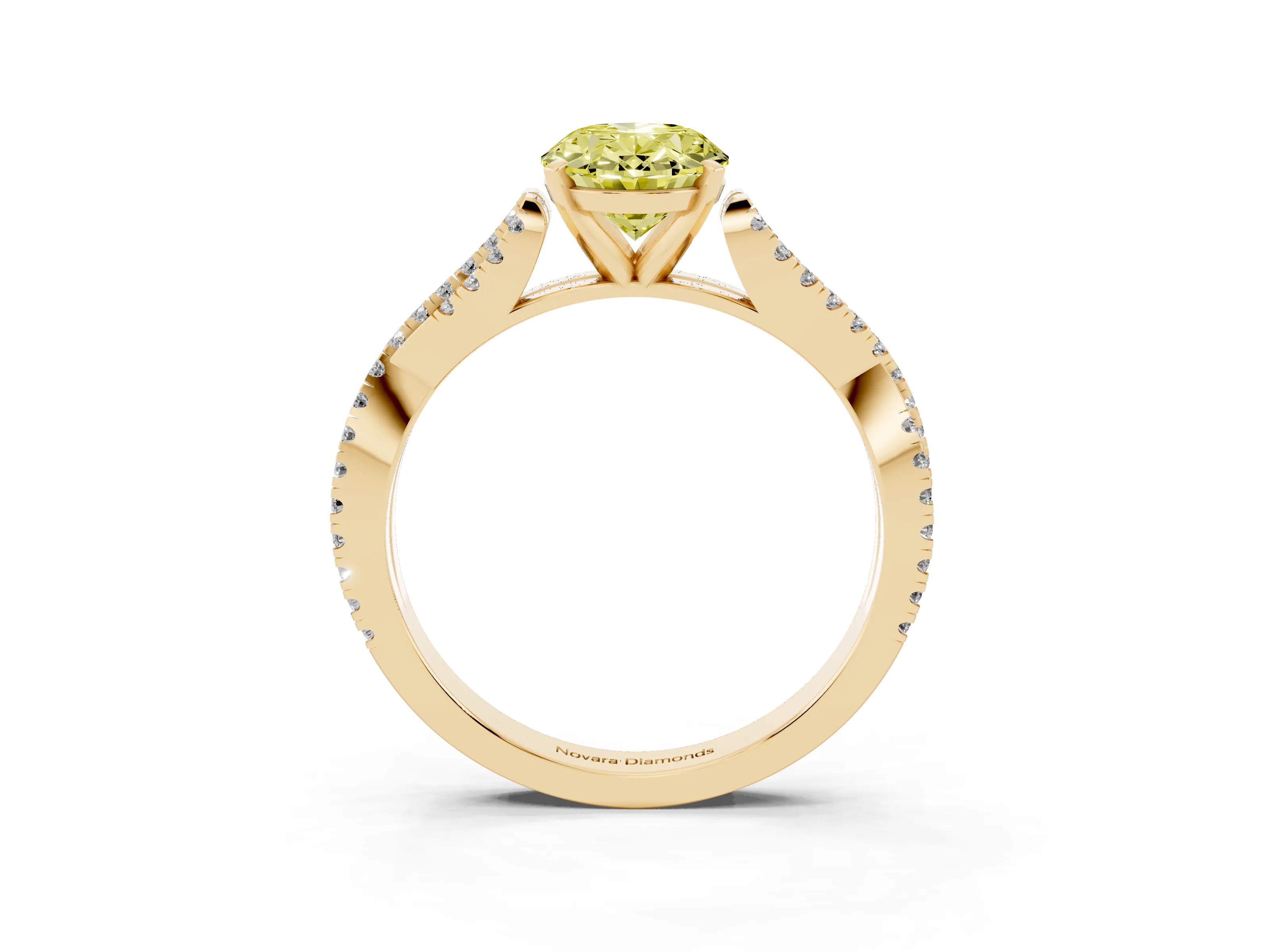 Fancy Yellow Oval Cut Diamond Solitaire Engagement Ring Set in Yellow gold with Twisted Pavé Band and Prong Setting