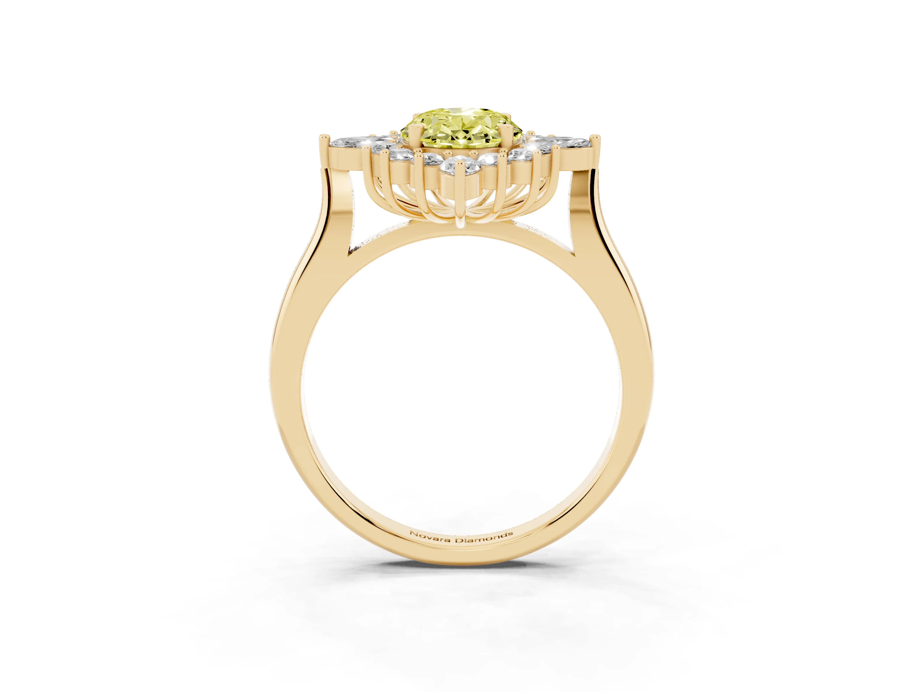 Fancy Yellow Oval Cut Diamond Cluster Halo Ring Set in Yellow gold with Marquise and Round Accents