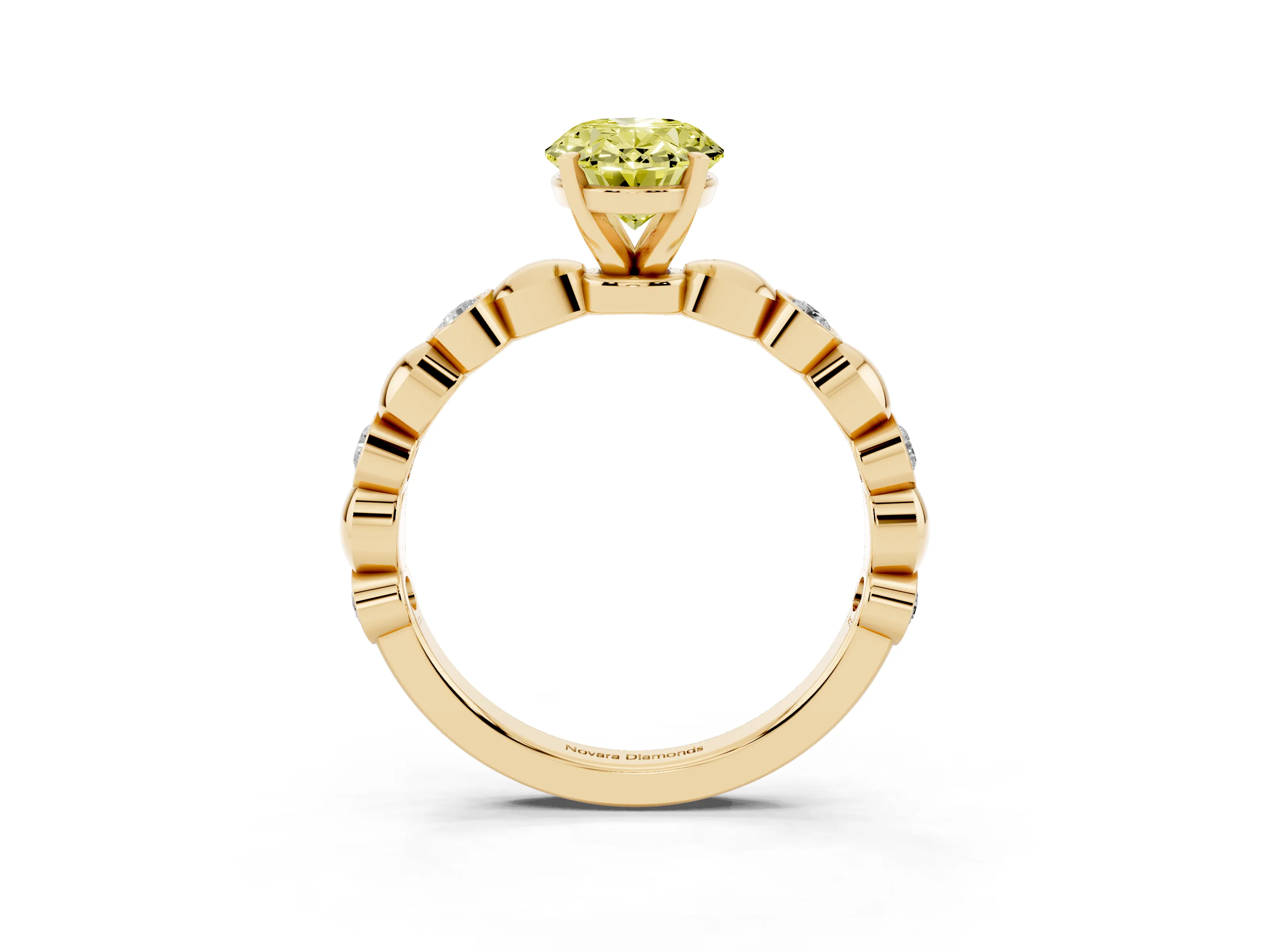 Fancy Yellow Oval Cut Diamond Solitaire Ring Set in Yellow gold with Bezel-Set Accents on Beaded Band and Prong Setting