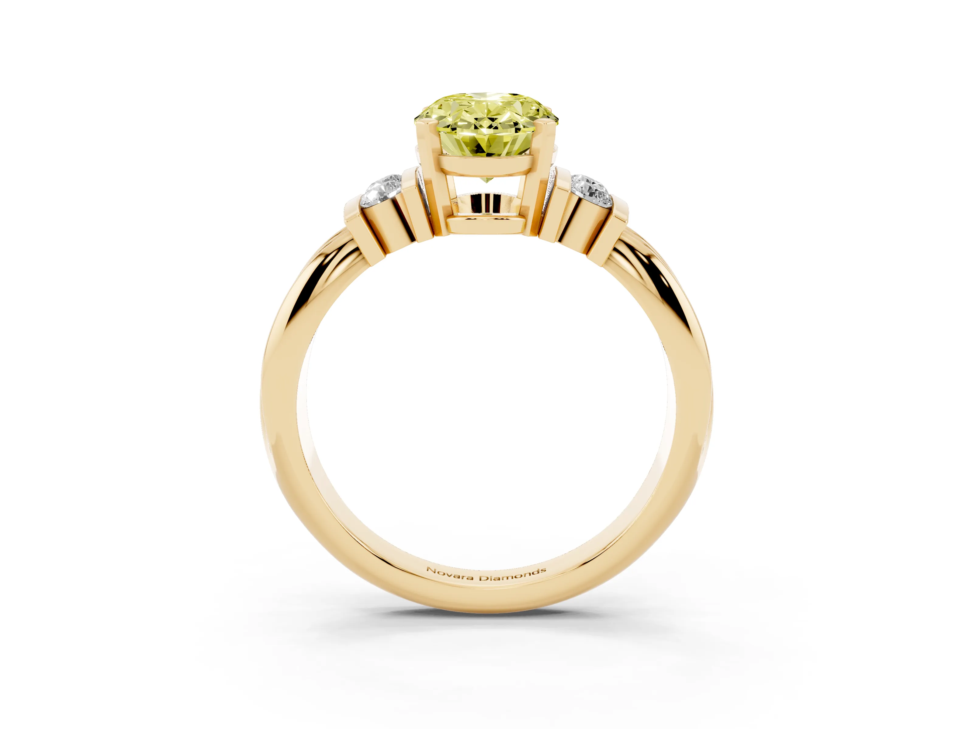 Fancy Yellow Three-Stone Oval Cut Diamond Channel Set Ring Set in Yellow gold with Bar Prongs
