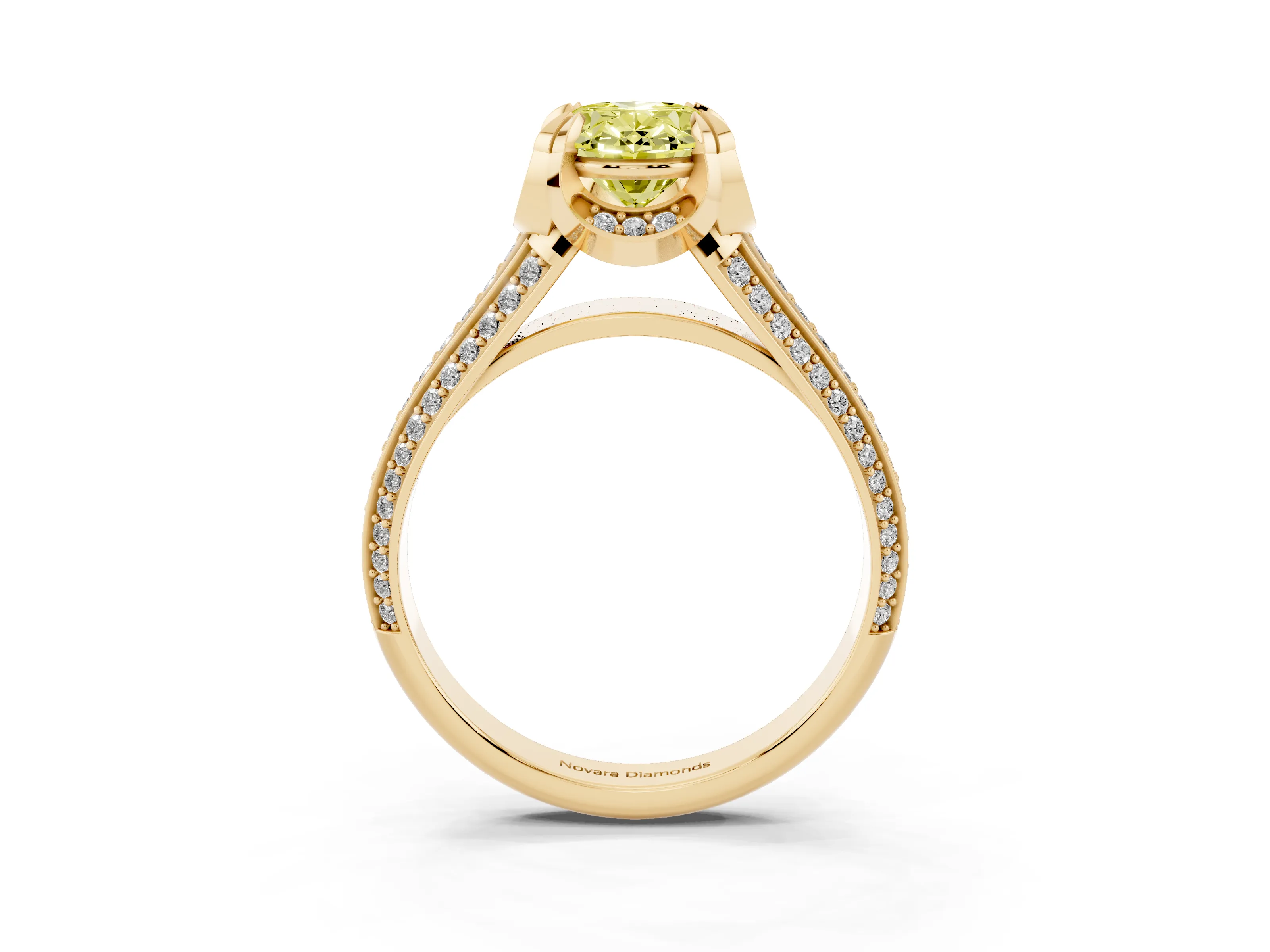 Fancy Yellow Oval Cut Diamond Pavé Split Shank Solitaire Ring Set in Yellow gold with Prong Setting
