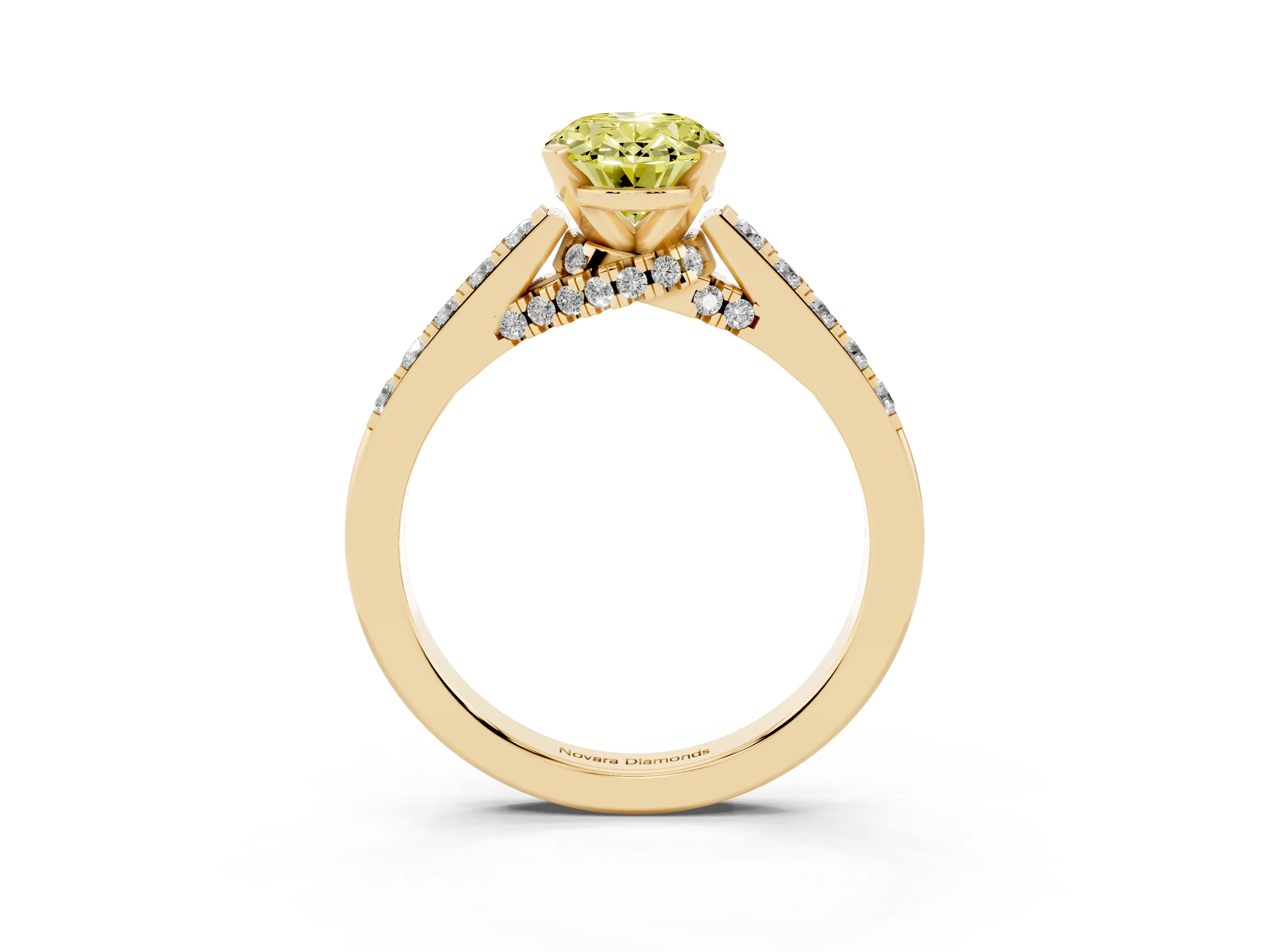 Fancy Yellow Oval Cut Diamond Solitaire Ring Set in Yellow gold with Crossover Gallery and Round Pavé Band