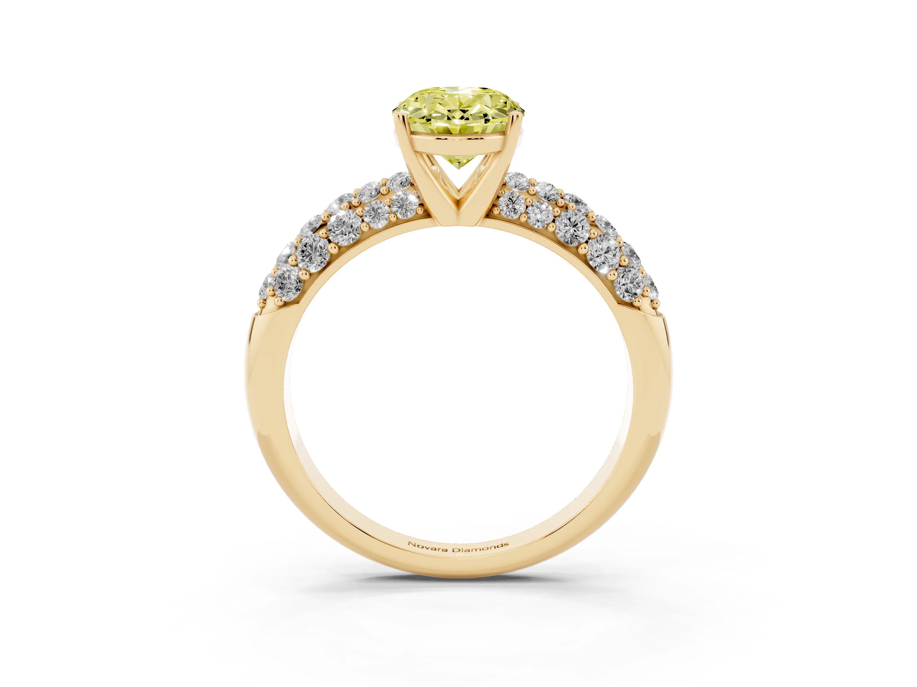 Fancy Yellow Oval Cut Diamond Pavé Band Solitaire Ring Set in Yellow gold with Close-Set Accent Stones and Prong Setting