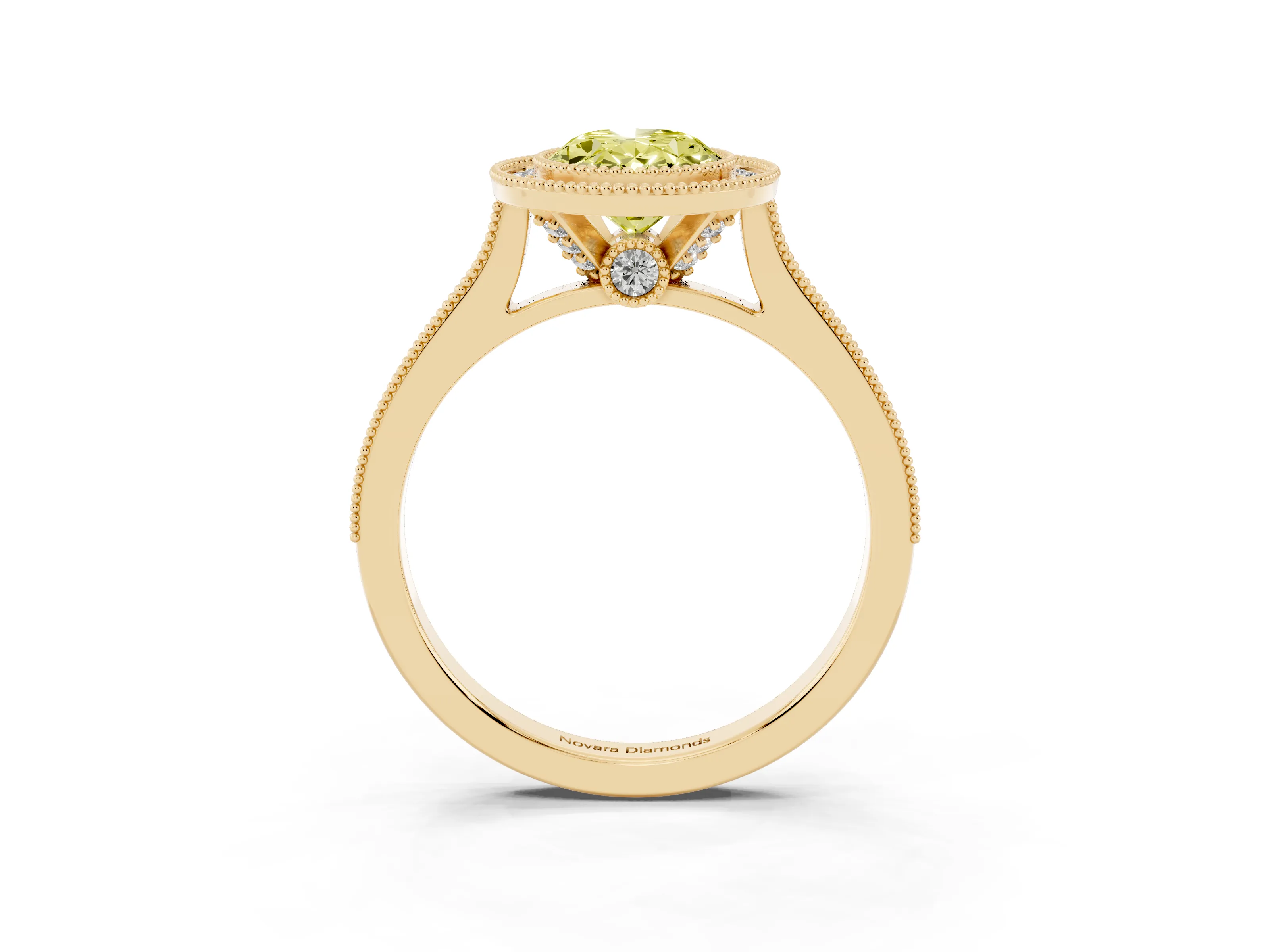 Fancy Yellow Oval Cut Diamond Halo Milgrain Pavé Band Ring Set in Yellow gold with Prong Setting