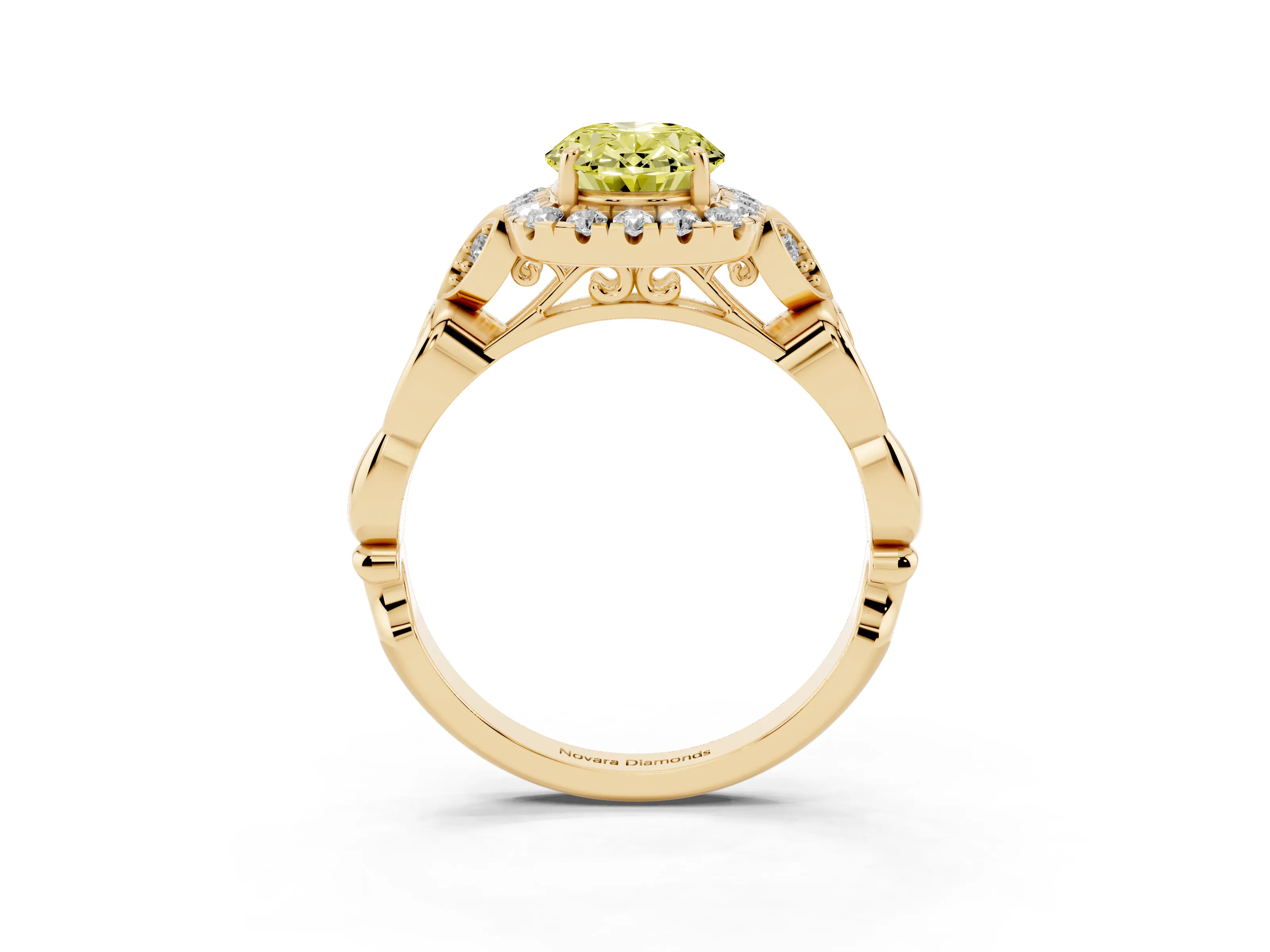 Fancy Yellow Oval Cut Diamond Halo Engagement Ring Set in Yellow gold with Vintage-Inspired Band and Prong Setting