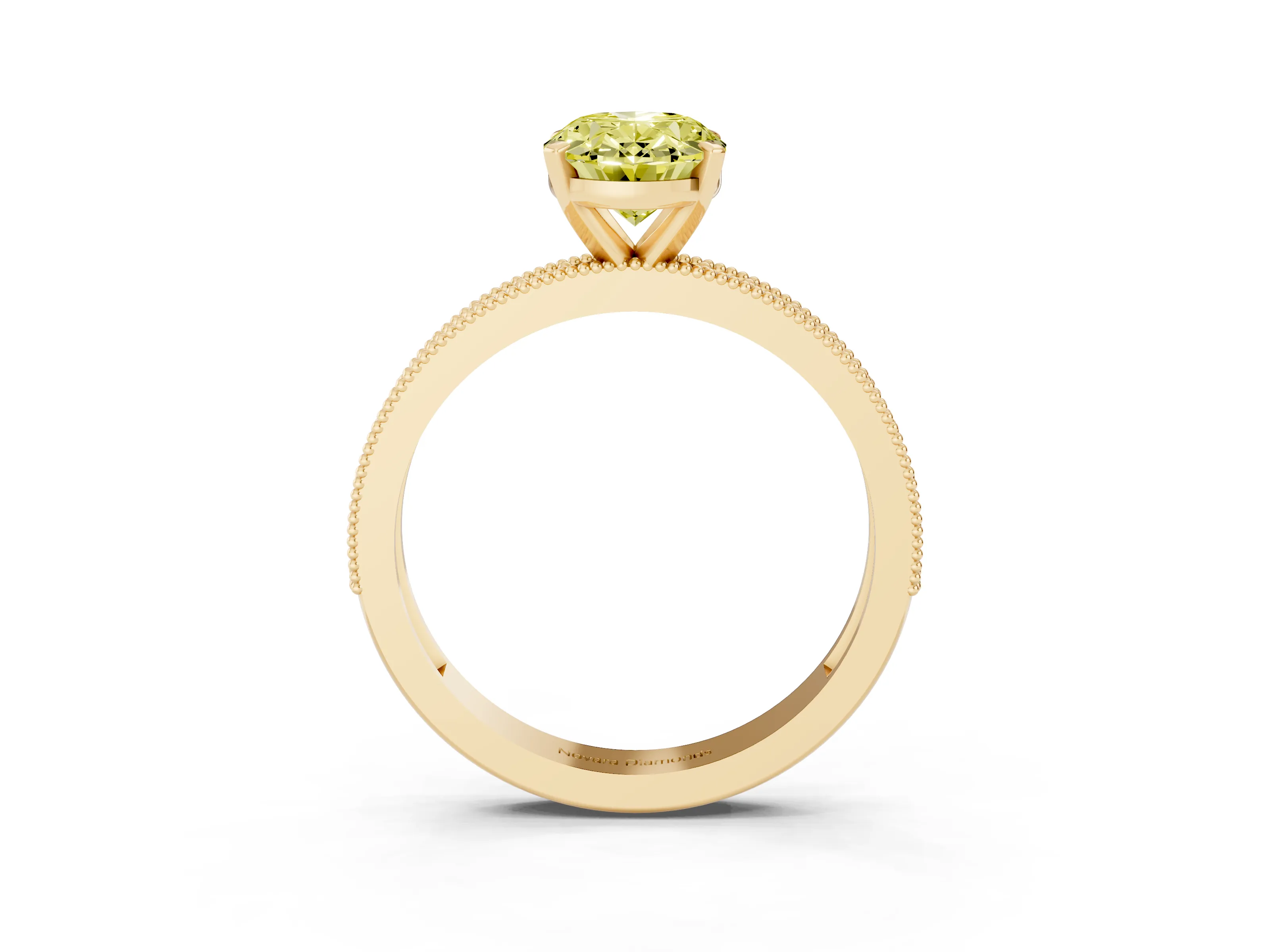 Fancy Yellow Oval Cut Diamond Milgrain Pavé Engagement Ring Set in Yellow gold with Prong Setting
