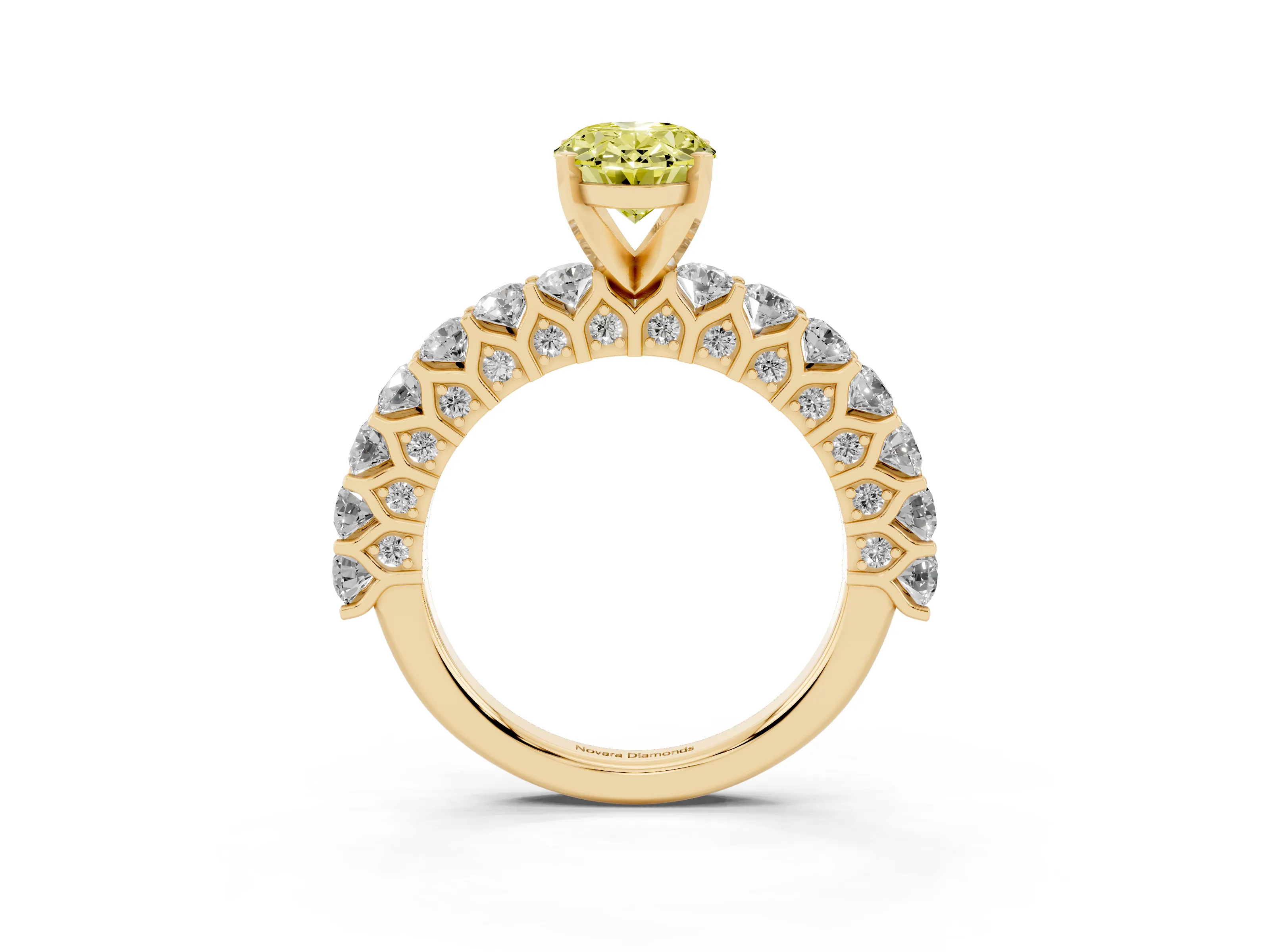 Fancy Yellow Oval Cut Diamond Solitaire Ring Set in Yellow gold with Shared Prong Pavé Band