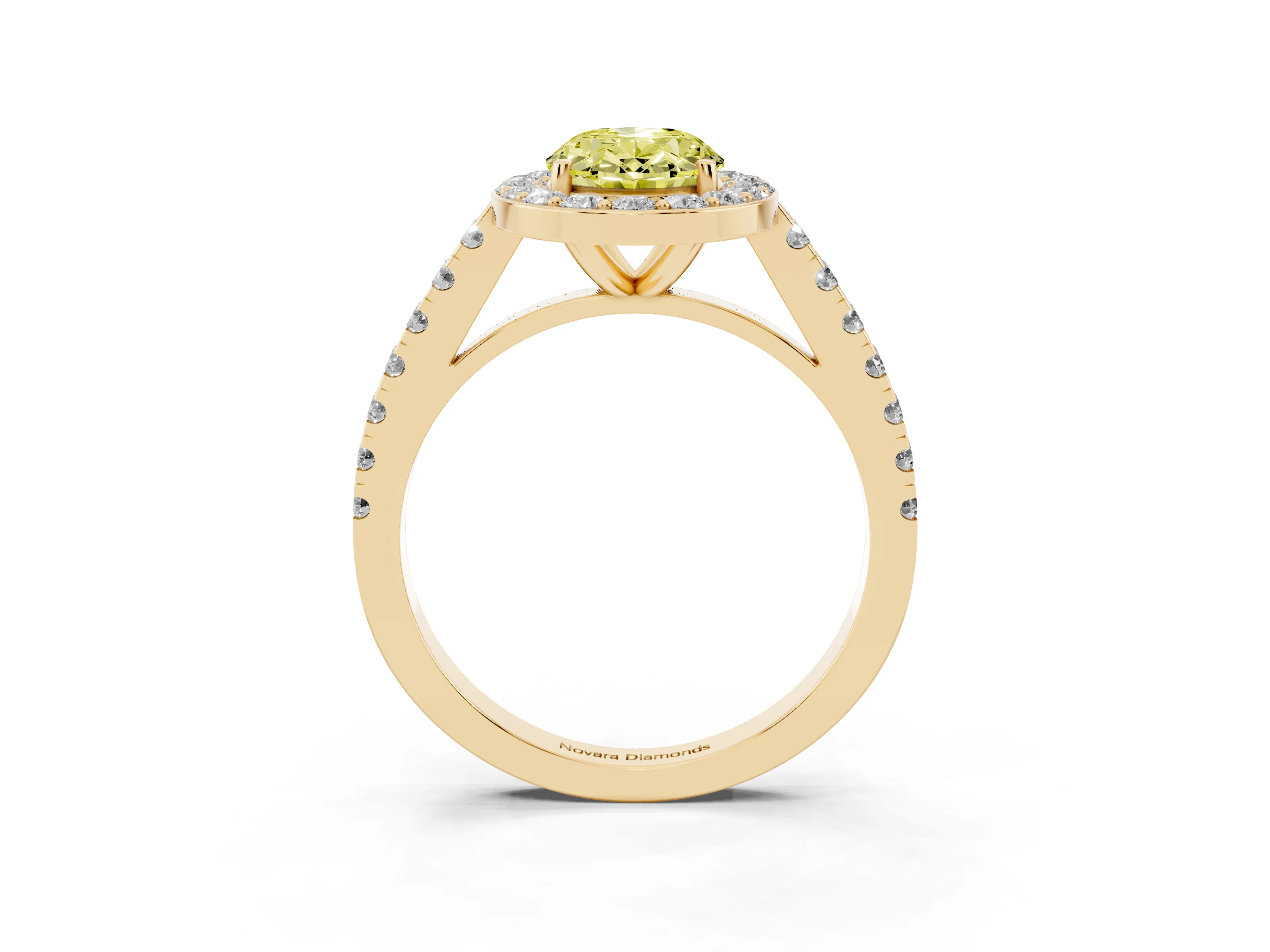 Fancy Yellow Oval Cut Diamond Halo Ring Set in Yellow gold with Round Pavé Split Shank and Prong Setting