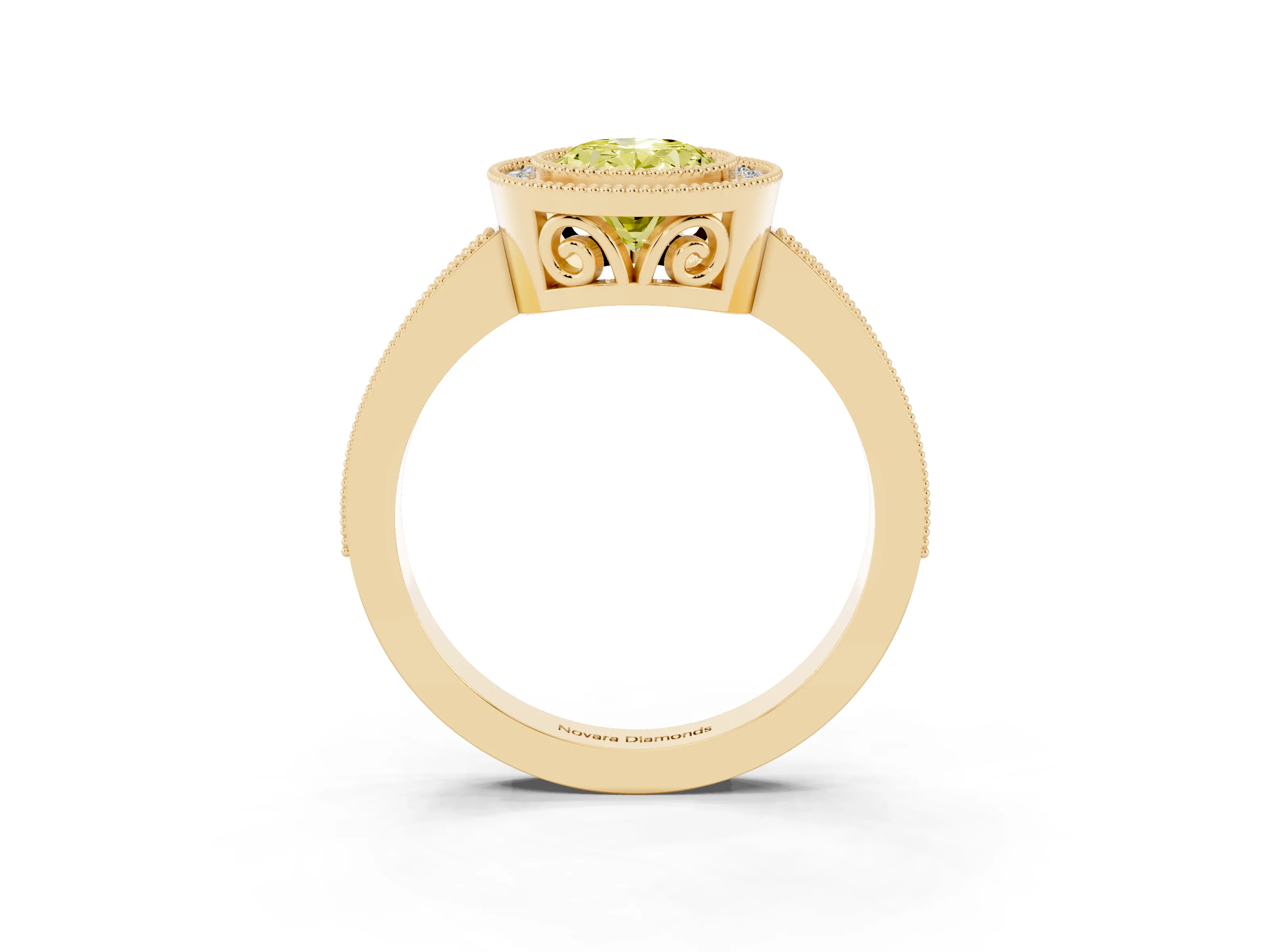 Fancy Yellow Oval Cut Diamond Halo Ring Set in Yellow gold with Pavé Band and Milgrain-Edged Prongs