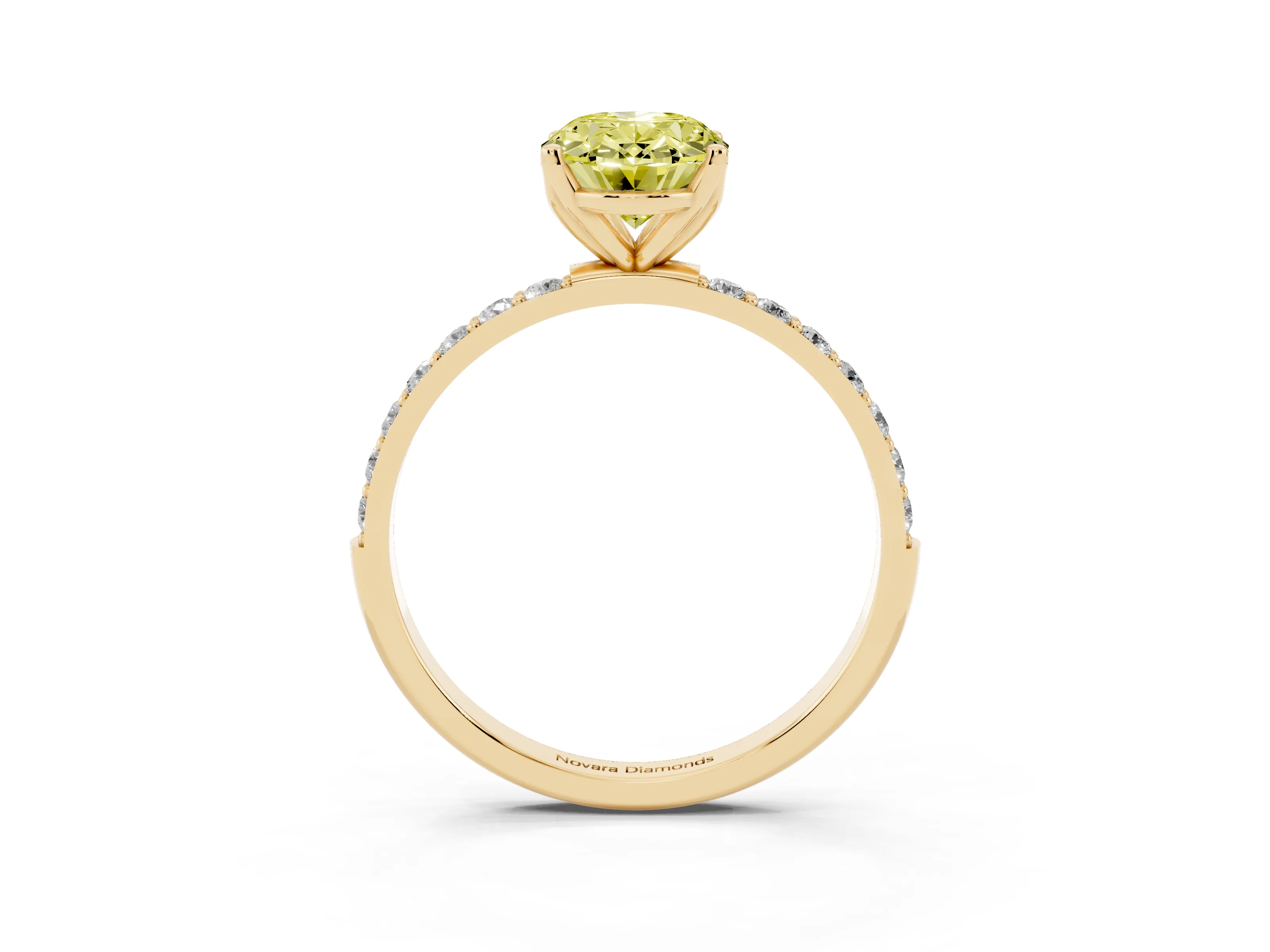 Fancy Yellow Oval Cut Diamond Solitaire Engagement Ring Set in Yellow gold with Round Pavé Band and Prong Setting