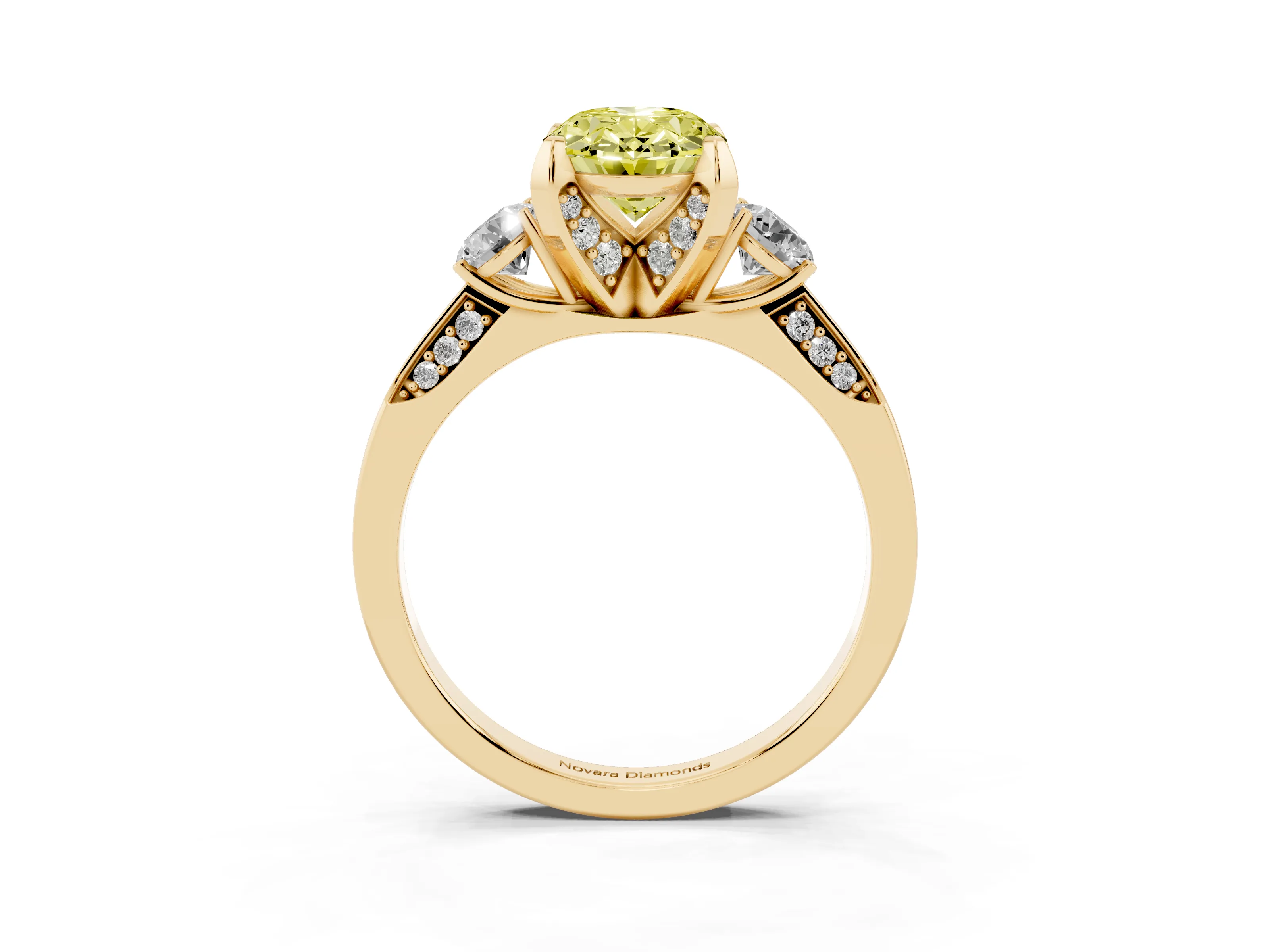 Fancy Yellow Oval Cut Diamond Three-Stone Ring Set in Yellow gold with Pavé Band and Smaller Side Stones
