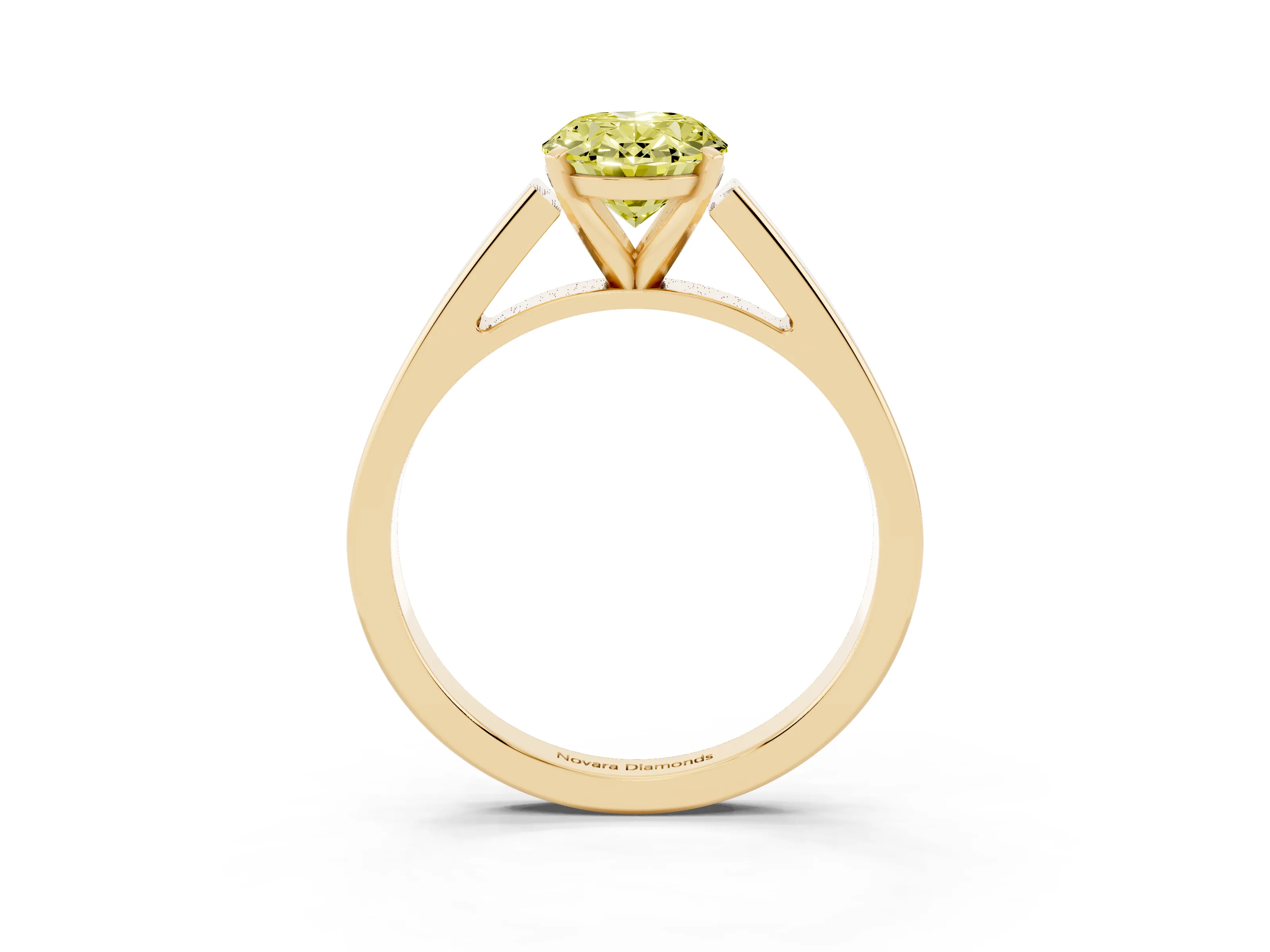 Fancy Yellow Oval Cut Diamond Solitaire Engagement Ring Set in Yellow gold with Prong Setting and Tapered Band