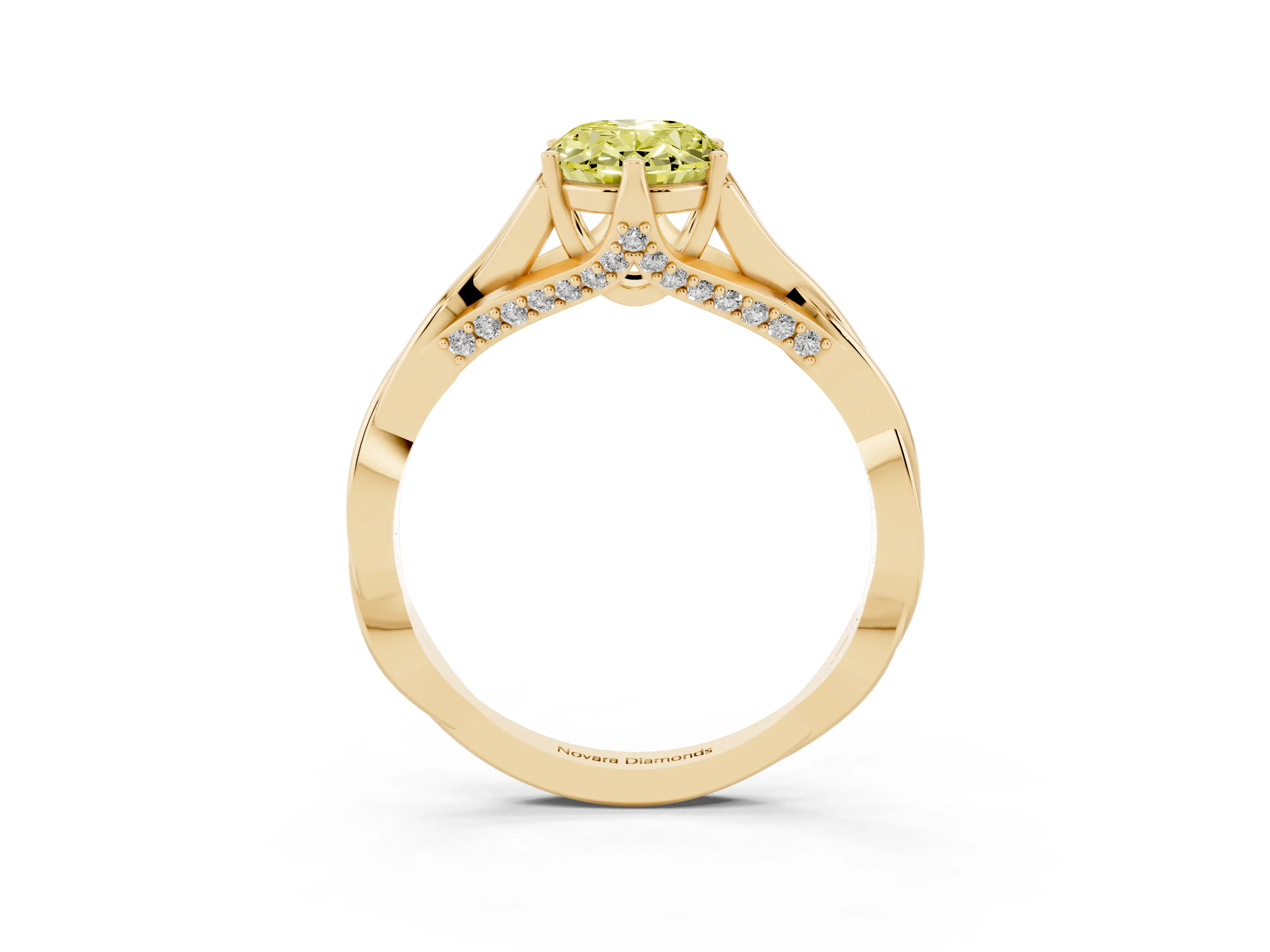 Fancy Yellow Oval Cut Diamond Intertwined Twist Band Solitaire Ring Set in Yellow gold with Prong Setting