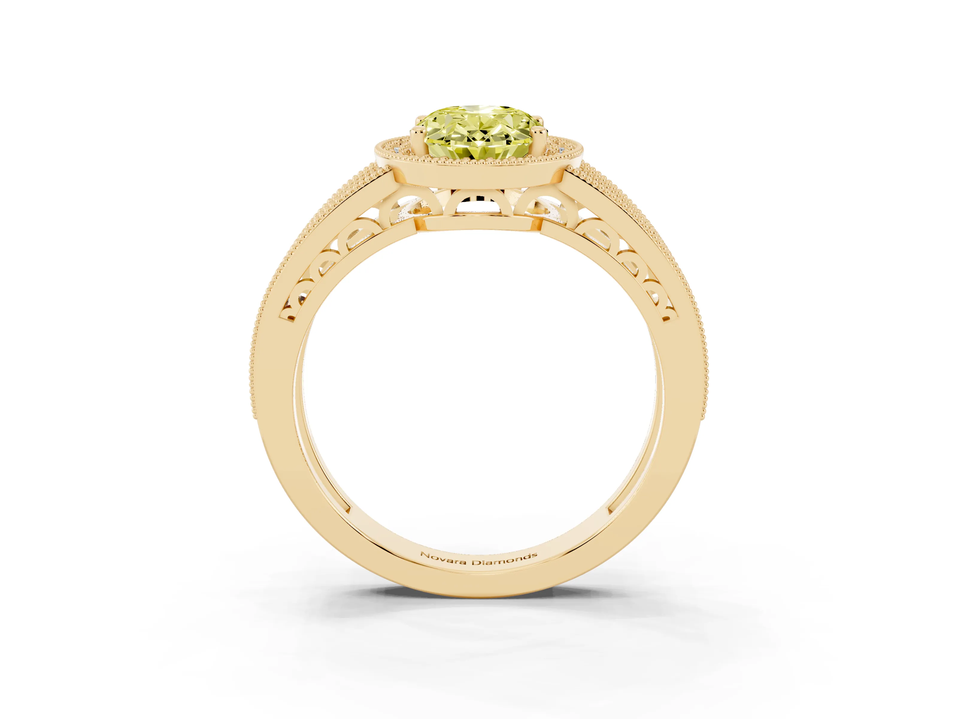 Fancy Yellow Oval Cut Diamond Halo Ring Set in Yellow gold with Accent Split Shank and Prong Setting
