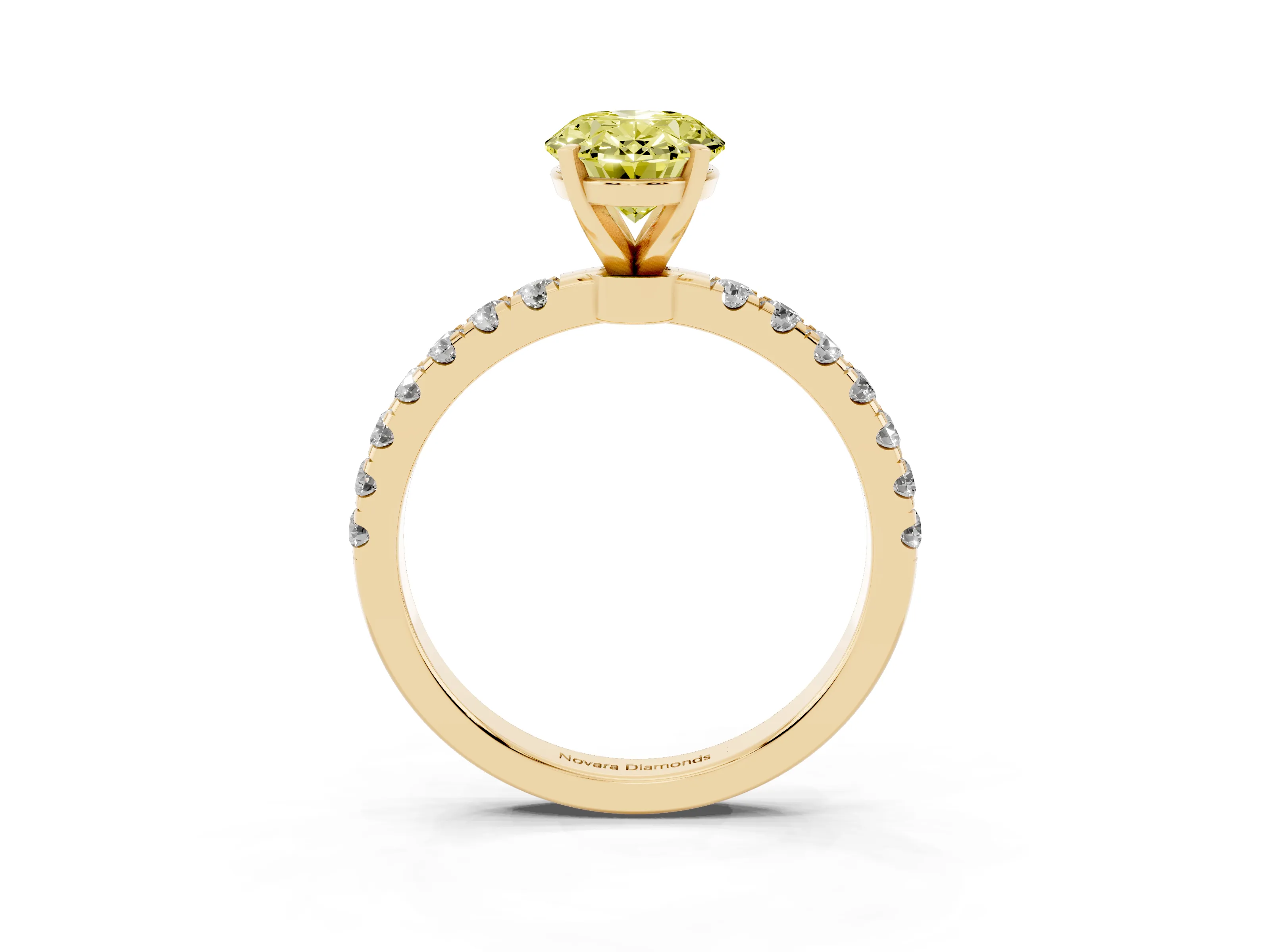 Fancy Yellow Oval Cut Diamond Solitaire Ring Set in Yellow gold with Pavé Accents and Prong Setting