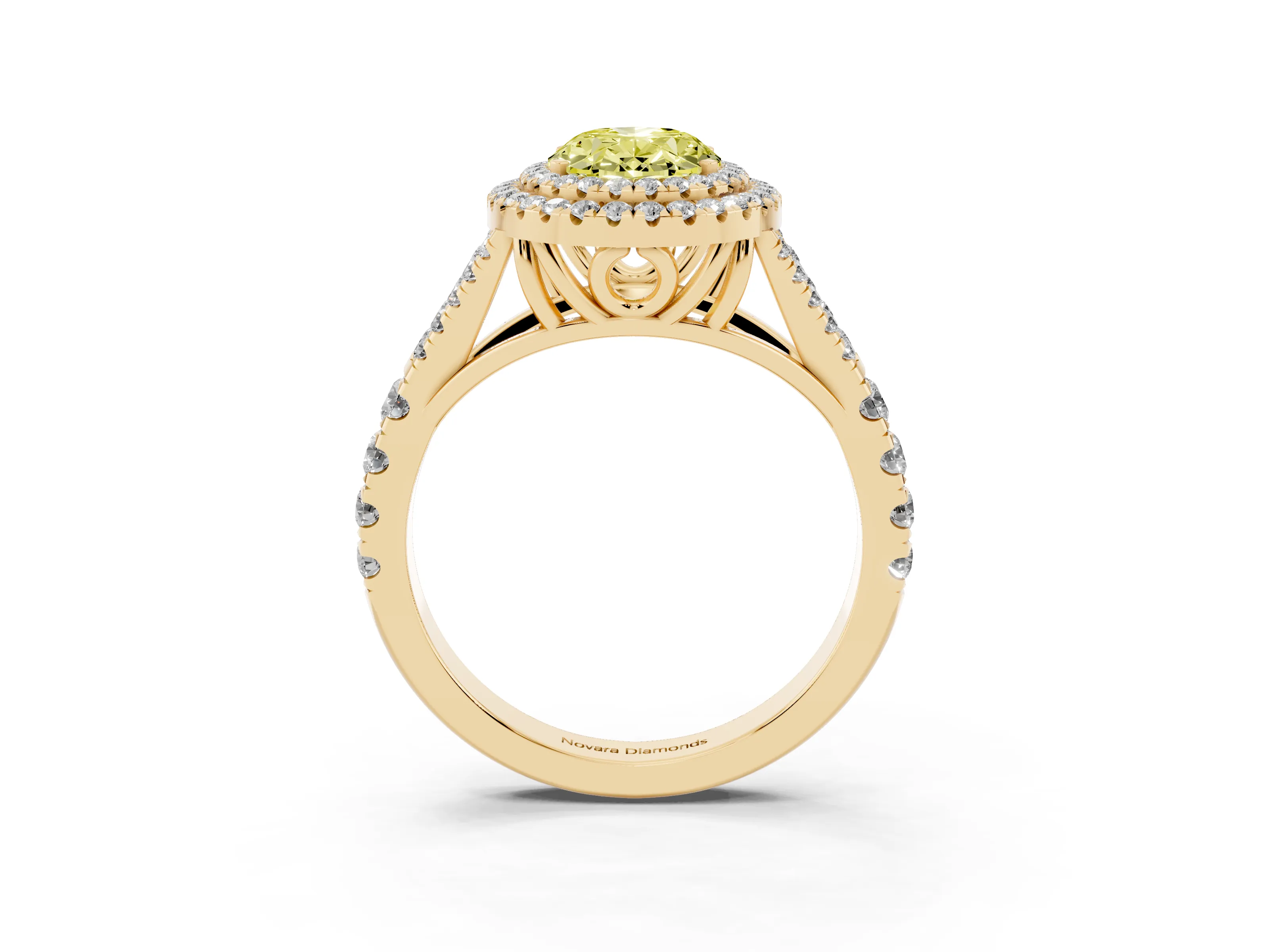 Fancy Yellow Oval Cut Diamond Pavé Split Shank Double Halo Engagement Ring Set in Yellow gold