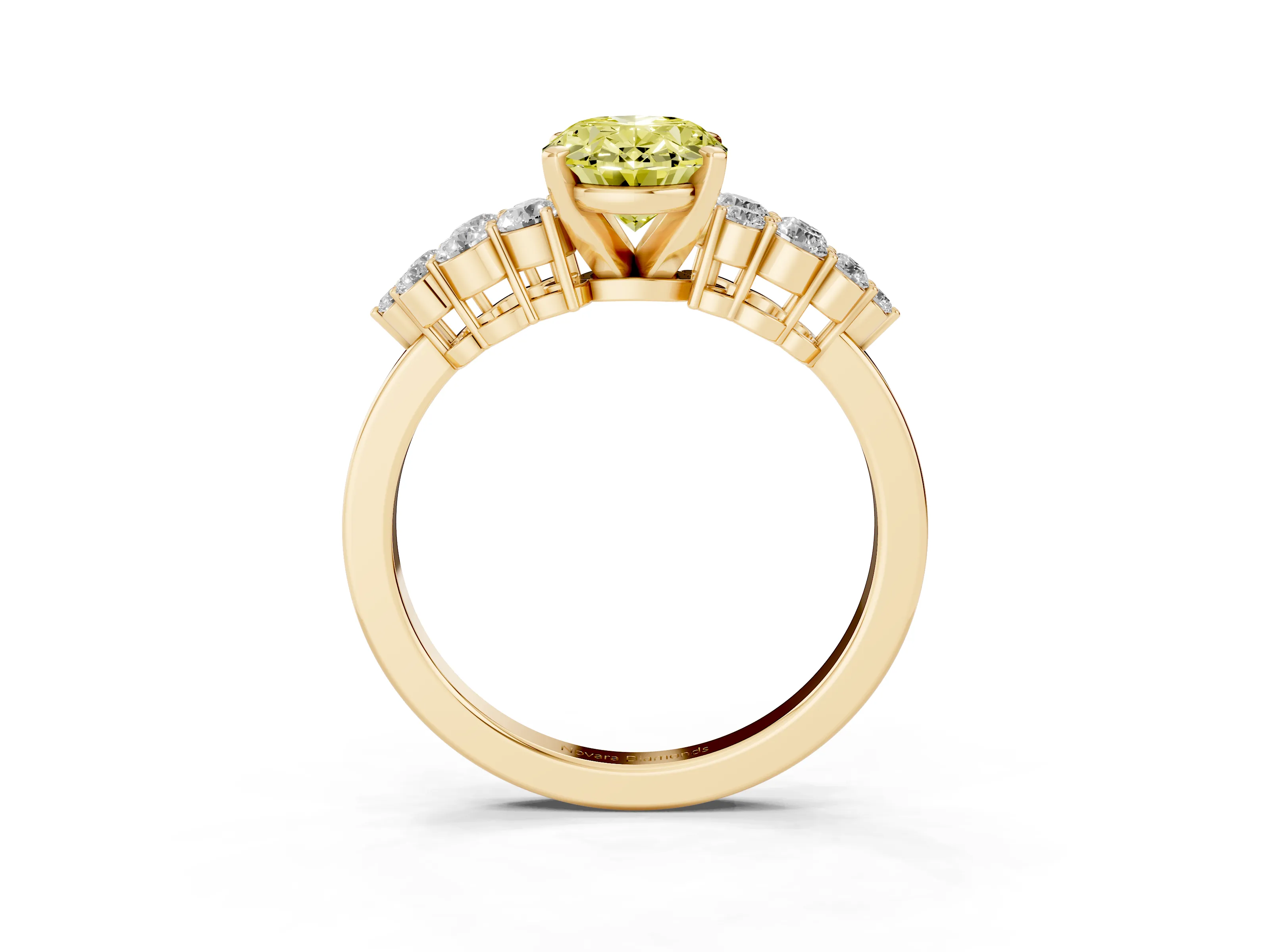 Fancy Yellow Oval Cut Diamond Cluster Engagement Ring Set in Yellow gold with Pavé Band and Prong Setting
