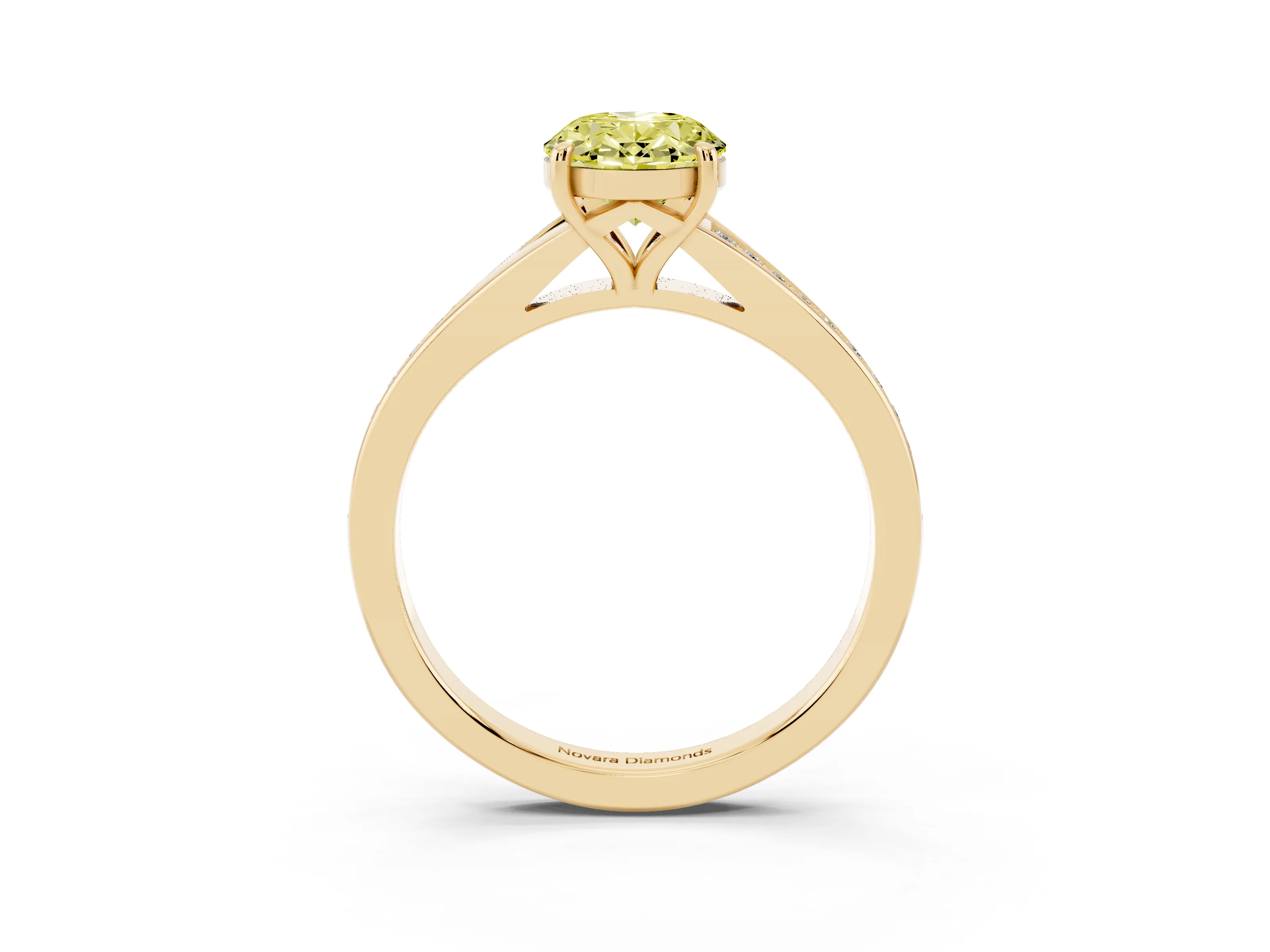 Fancy Yellow Oval Cut Diamond Solitaire Ring Set in Yellow gold with Pavé Accent Band and Classic Prong Setting