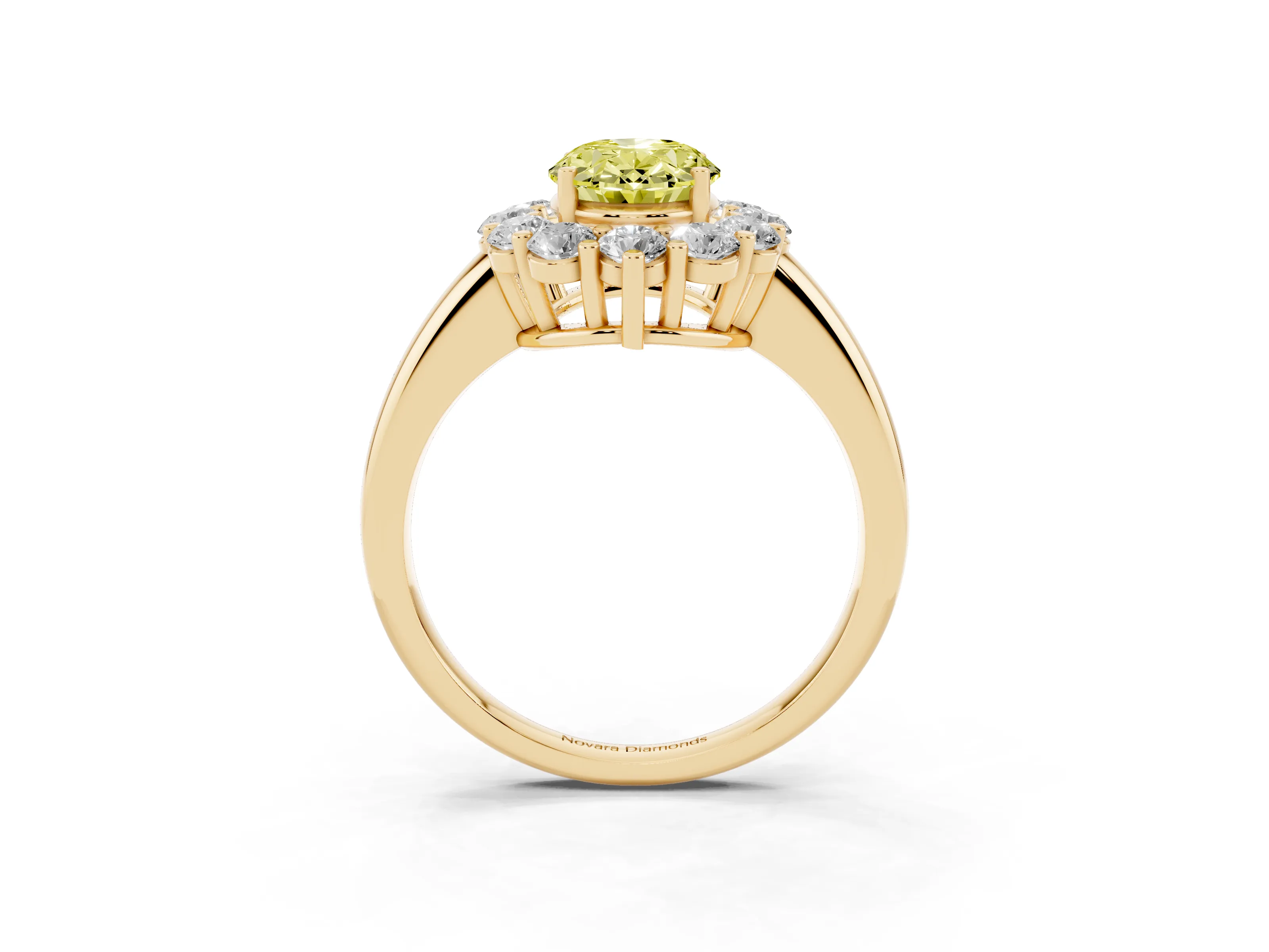 Fancy Yellow Oval Cut Diamond Halo Cluster Engagement Ring Set in Yellow gold with Polished Band and Prong Setting