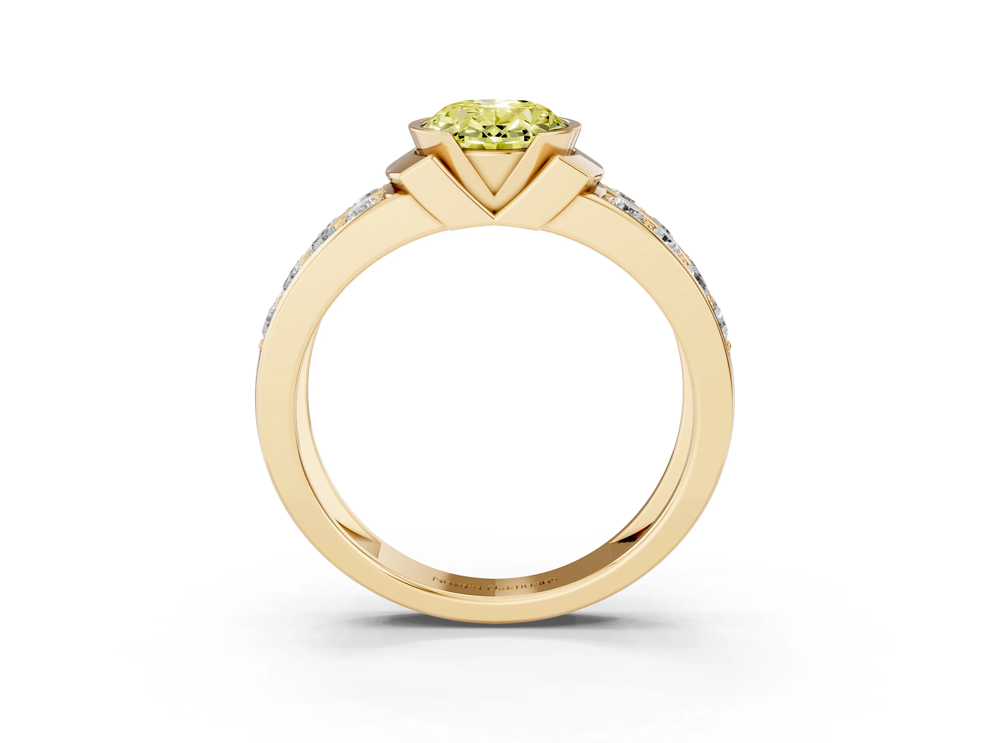 Fancy Yellow Oval Cut Diamond Wide Channel Set Band Ring Set in Yellow gold with Bezel Setting