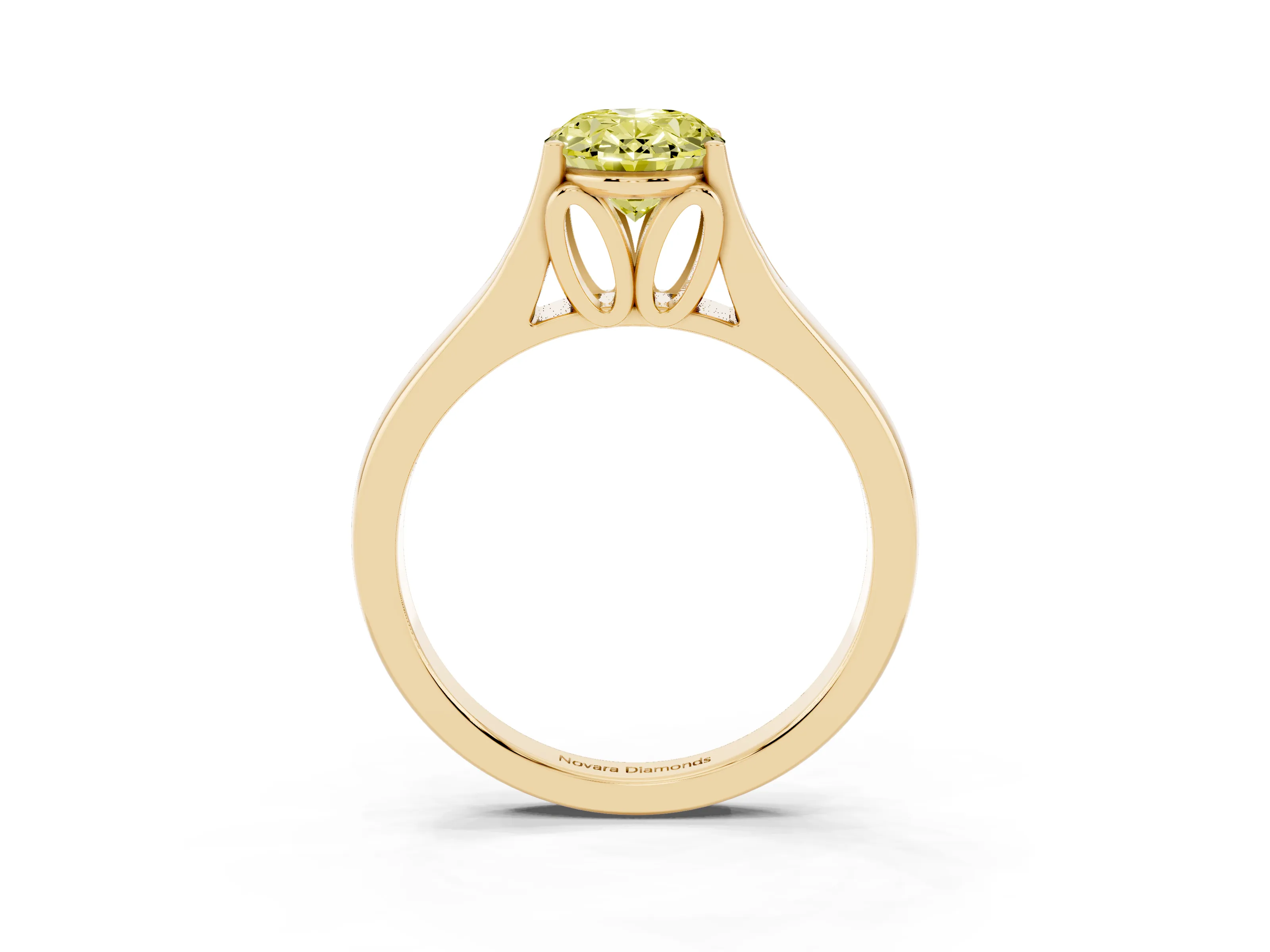 Fancy Yellow Oval Cut Diamond Solitaire Ring Set in Yellow gold with Arched Cathedral Band and Prong Setting