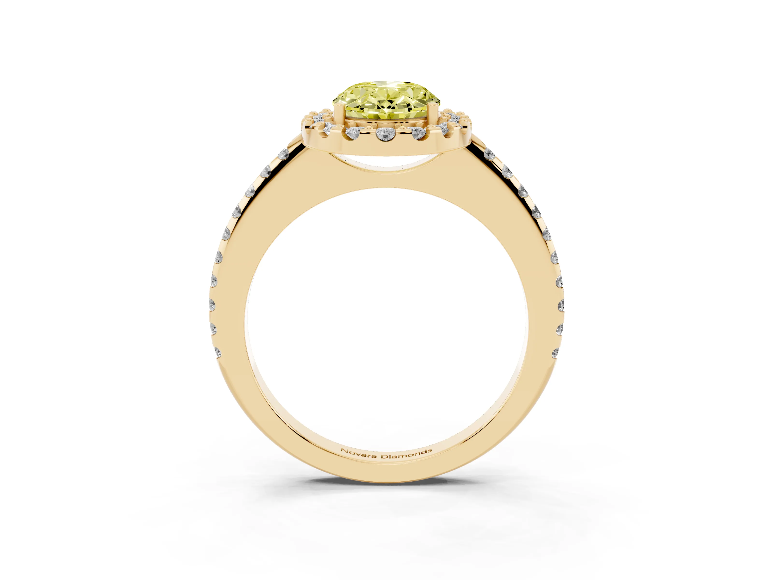 Fancy Yellow Oval Cut Diamond Pavé Halo Ring Set in Yellow gold with Prong Setting