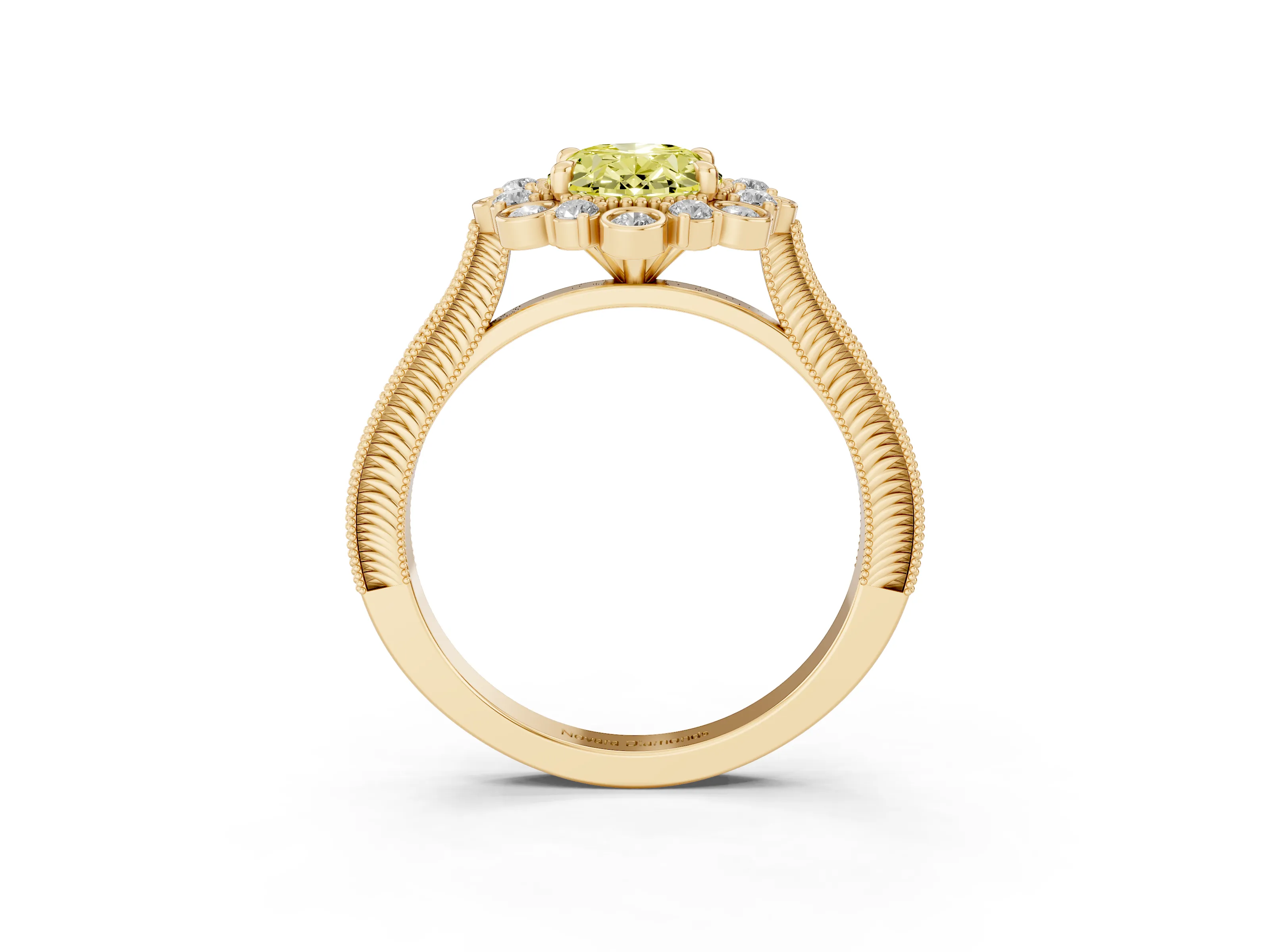 Fancy Yellow Oval Cut Diamond Halo Milgrain Pavé Ring Set in Yellow gold with Prong Setting