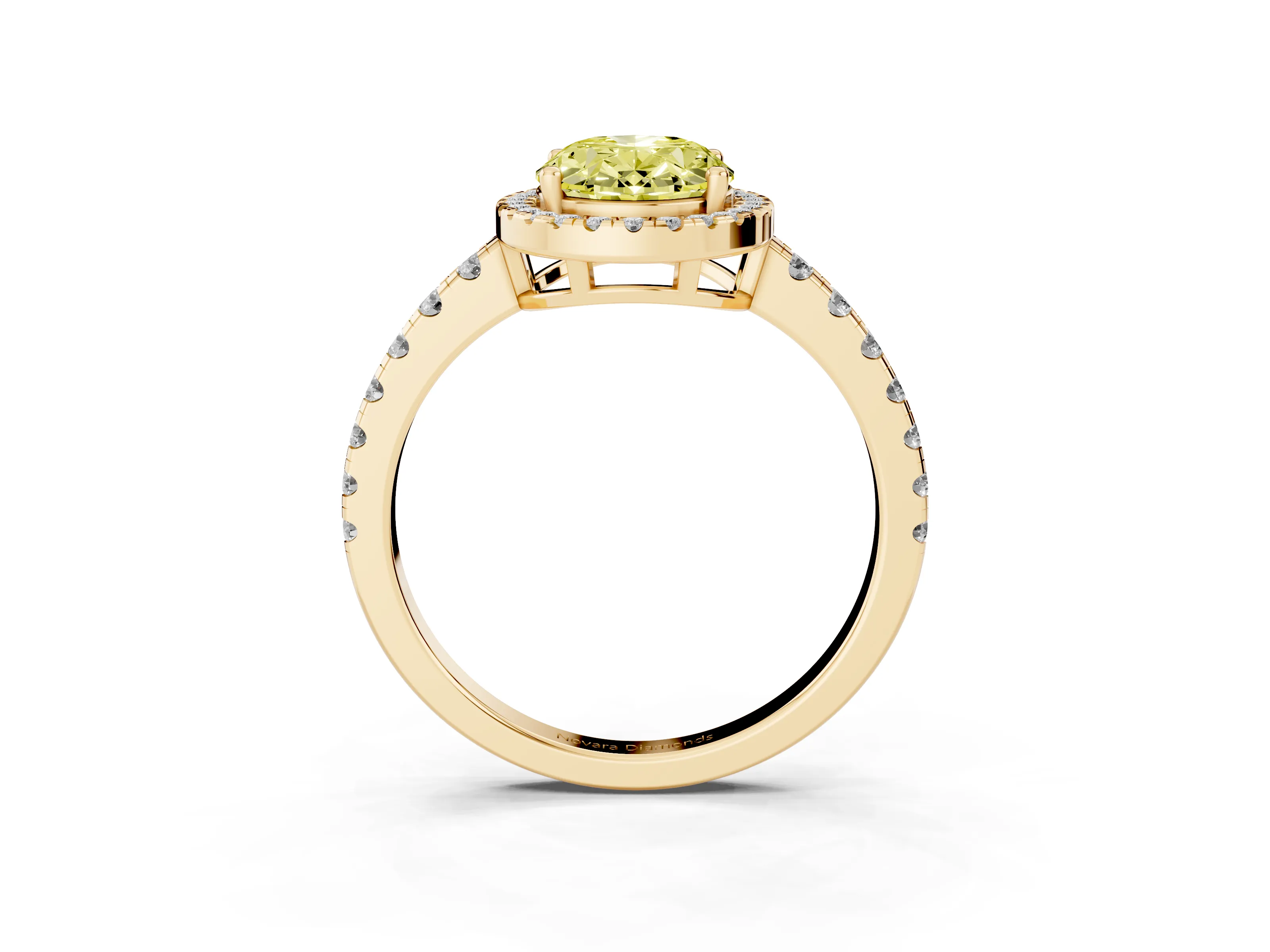 Fancy Yellow Oval Cut Diamond Halo Ring Set in Yellow gold with Delicate Pavé Band and Prong Setting