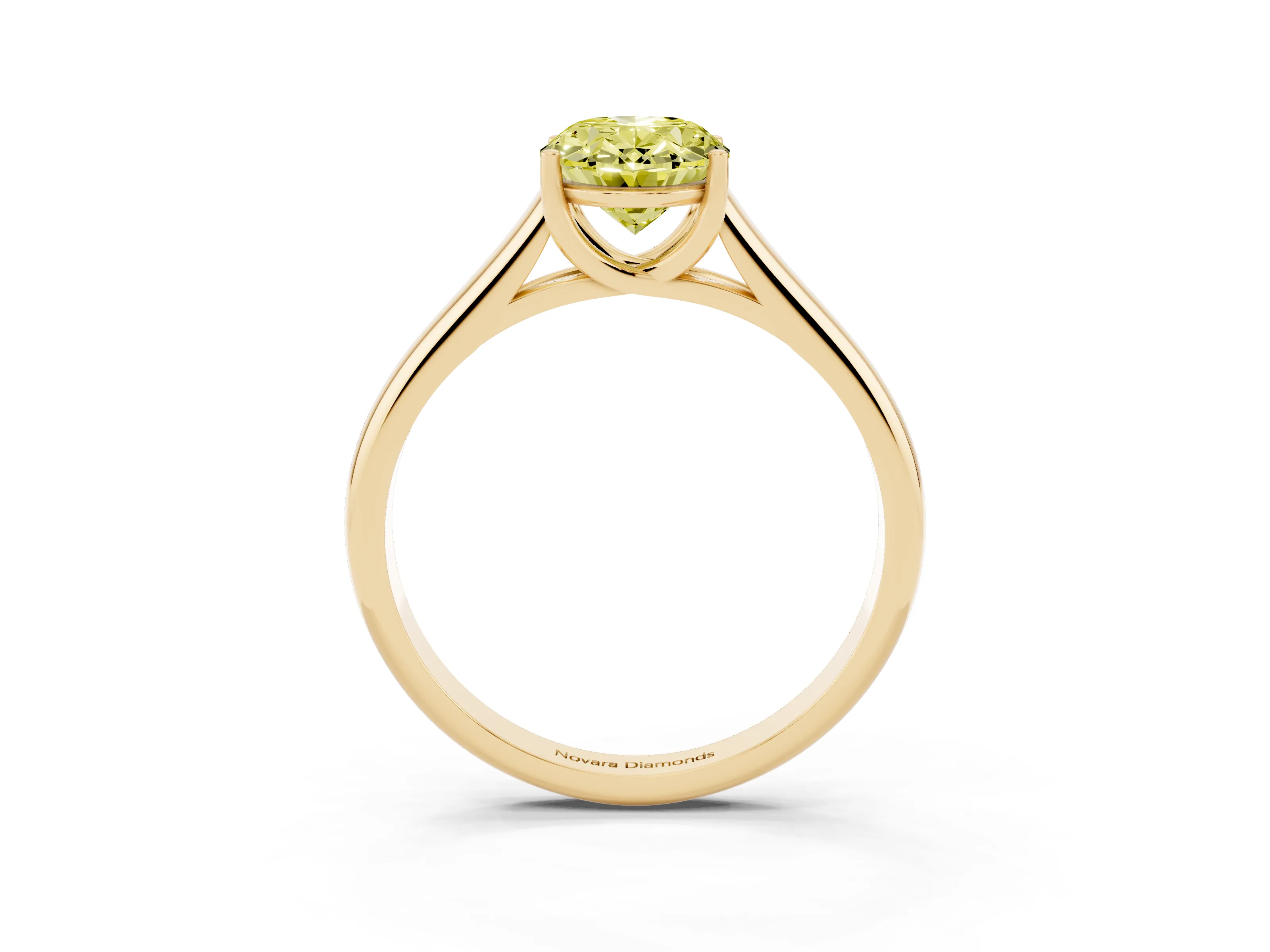 Fancy Yellow Oval Cut Diamond Solitaire Engagement Ring Set in Yellow gold with Subtly Tapered Band and Prong Setting