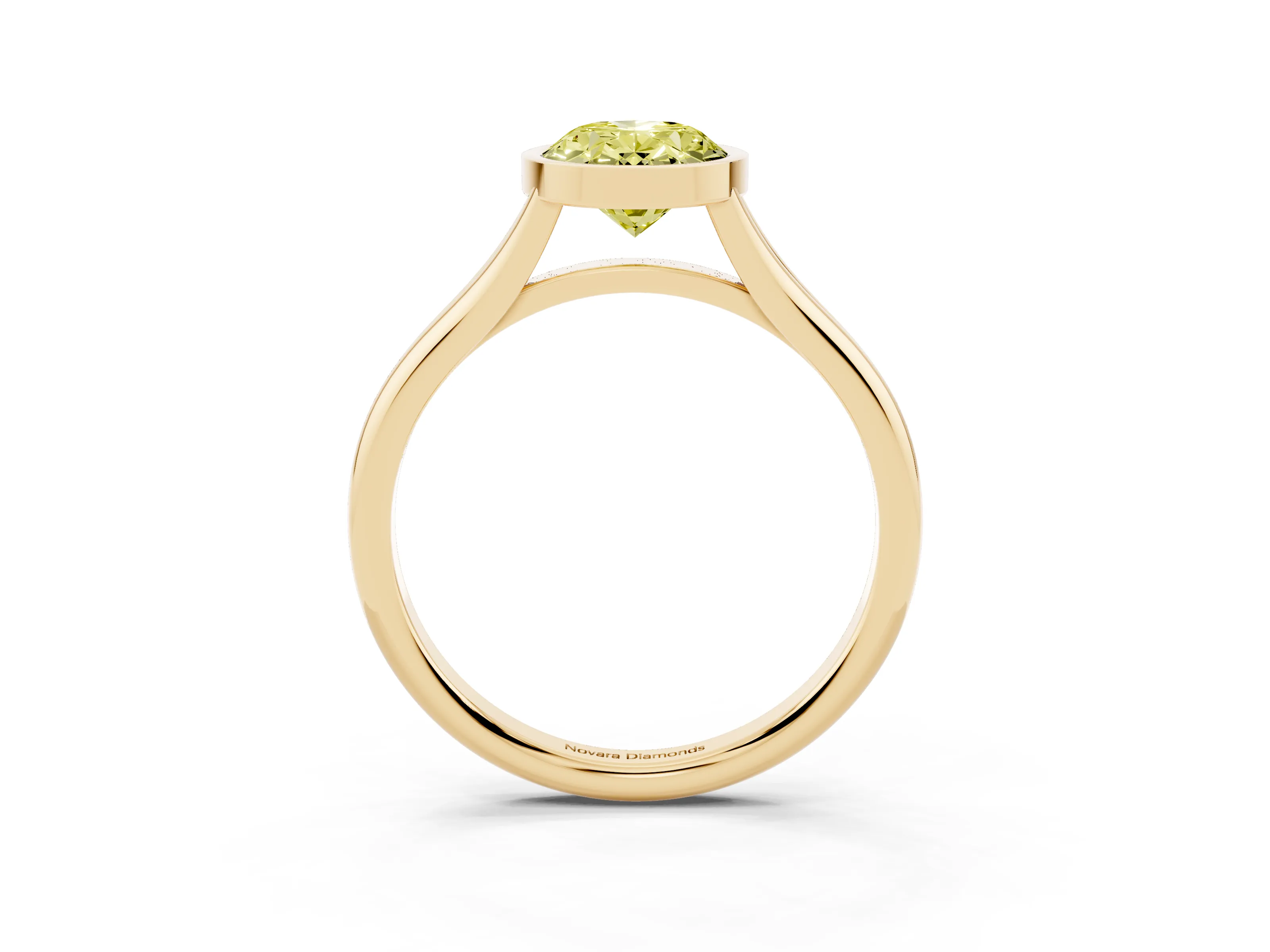 Fancy Yellow Bezel Set Oval Cut Diamond Solitaire Ring Set in Yellow gold with Tapered Band