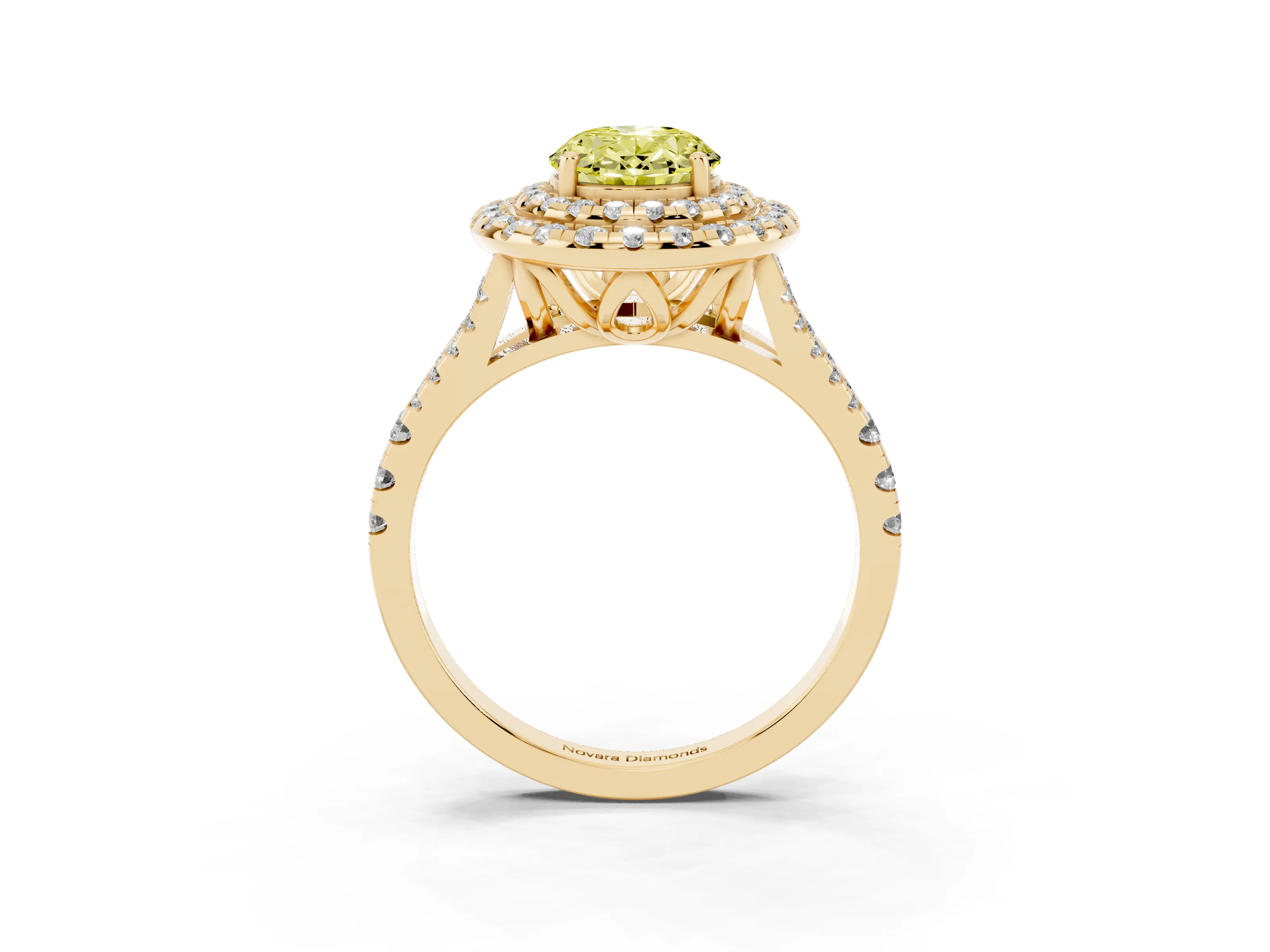 Fancy Yellow Oval Cut Diamond Double Halo Ring Set in Yellow gold with Pavé Split Shank and Prong Setting